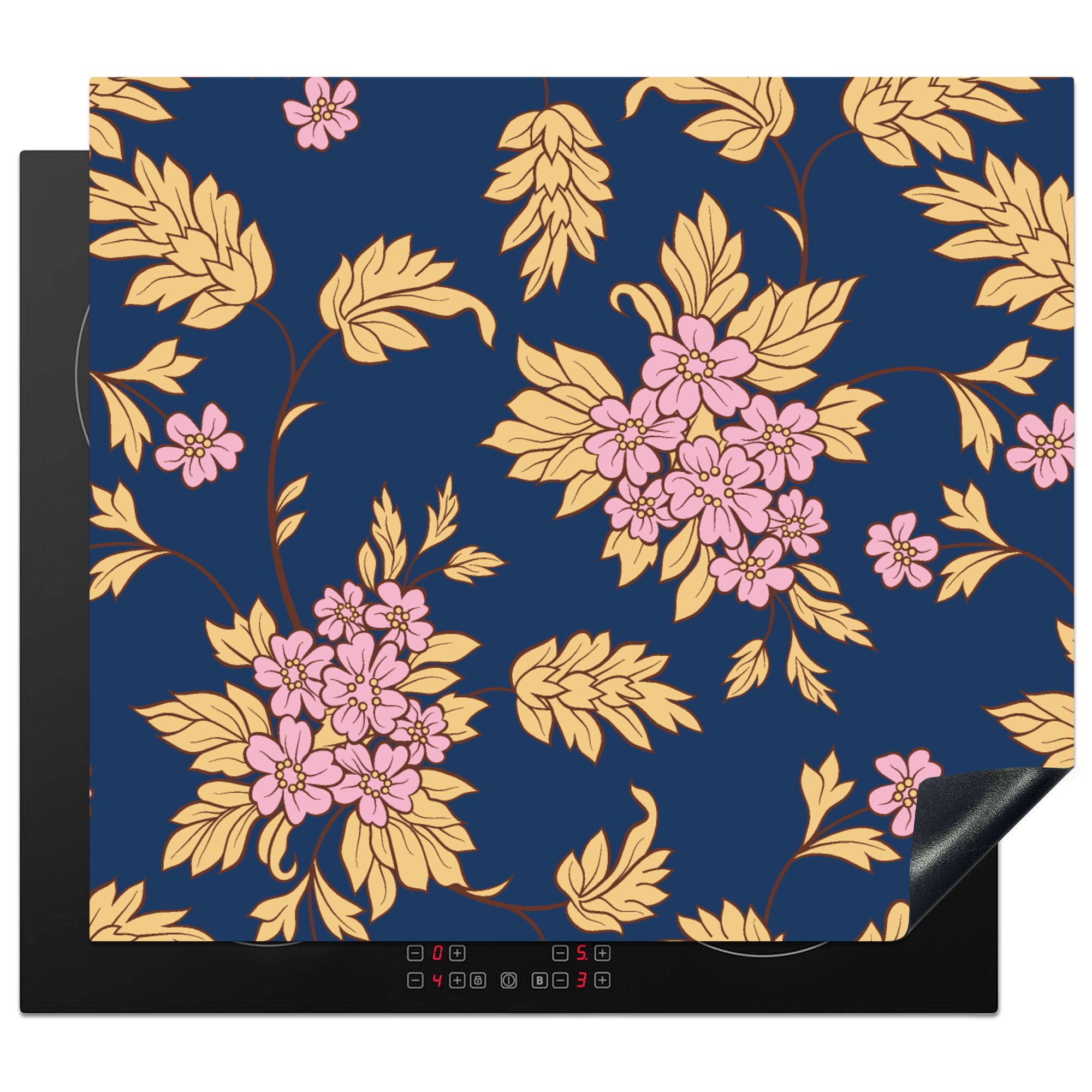 MuchoWow Herdblende-/Abdeckplatte Blüte - Blätter - Rosa - Gold - Muster, Vinyl, (1 tlg), 59x52 cm, Ceranfeldabdeckung für die küche, Induktionsmatte