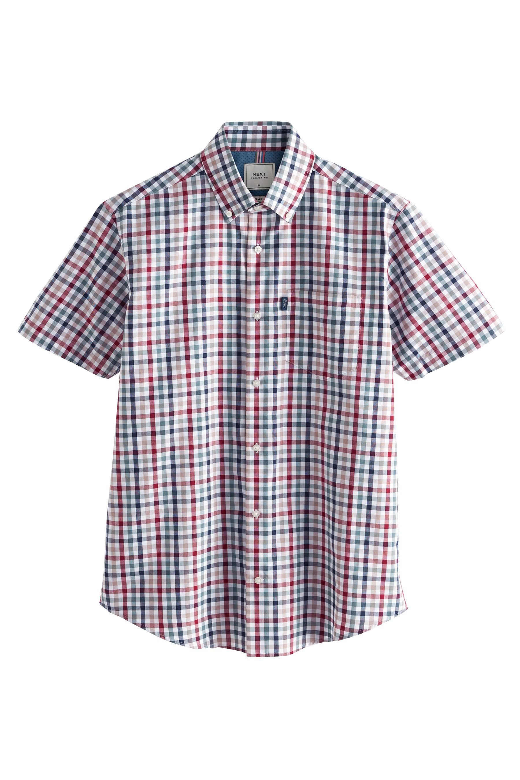 Regular Bügelleichtes Kurzarm-Oxfordhemd (1-tlg) Next Gingham Check Brown Red/Neutral Kurzarmhemd Fit
