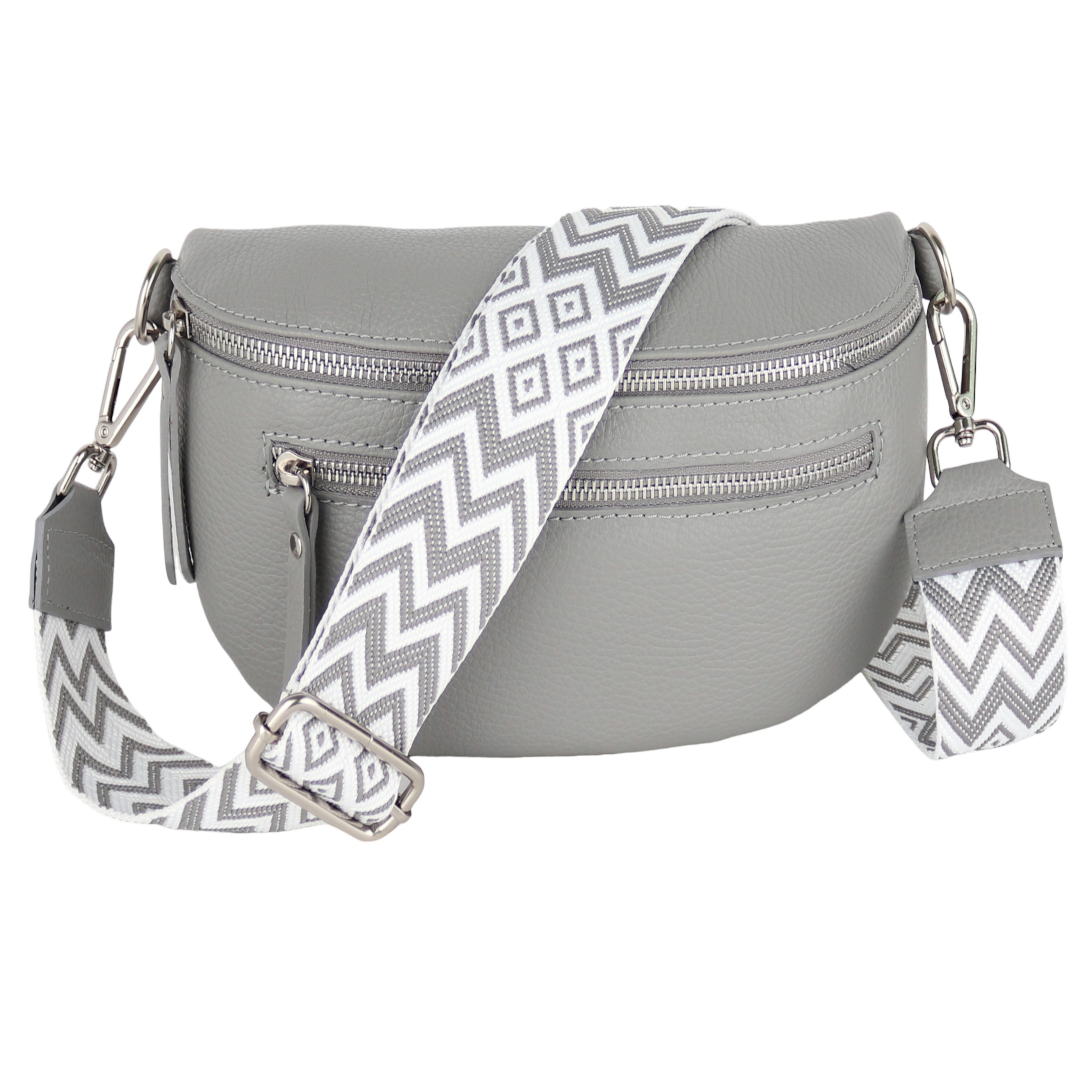MIRROSI Bauchtasche Damen, Echtleder, Leder, Made in Italy, Umhängetasche, Brusttasche, (Schultertasche für jeden Anlass (1 Tasche & 2 Gurt), Mit zwei Reißverschlüssen, 27x14,5x8cm, BOHO Style), Grau Taupe Crossbody Bag, gemusterten& verstellbaren Schulte
