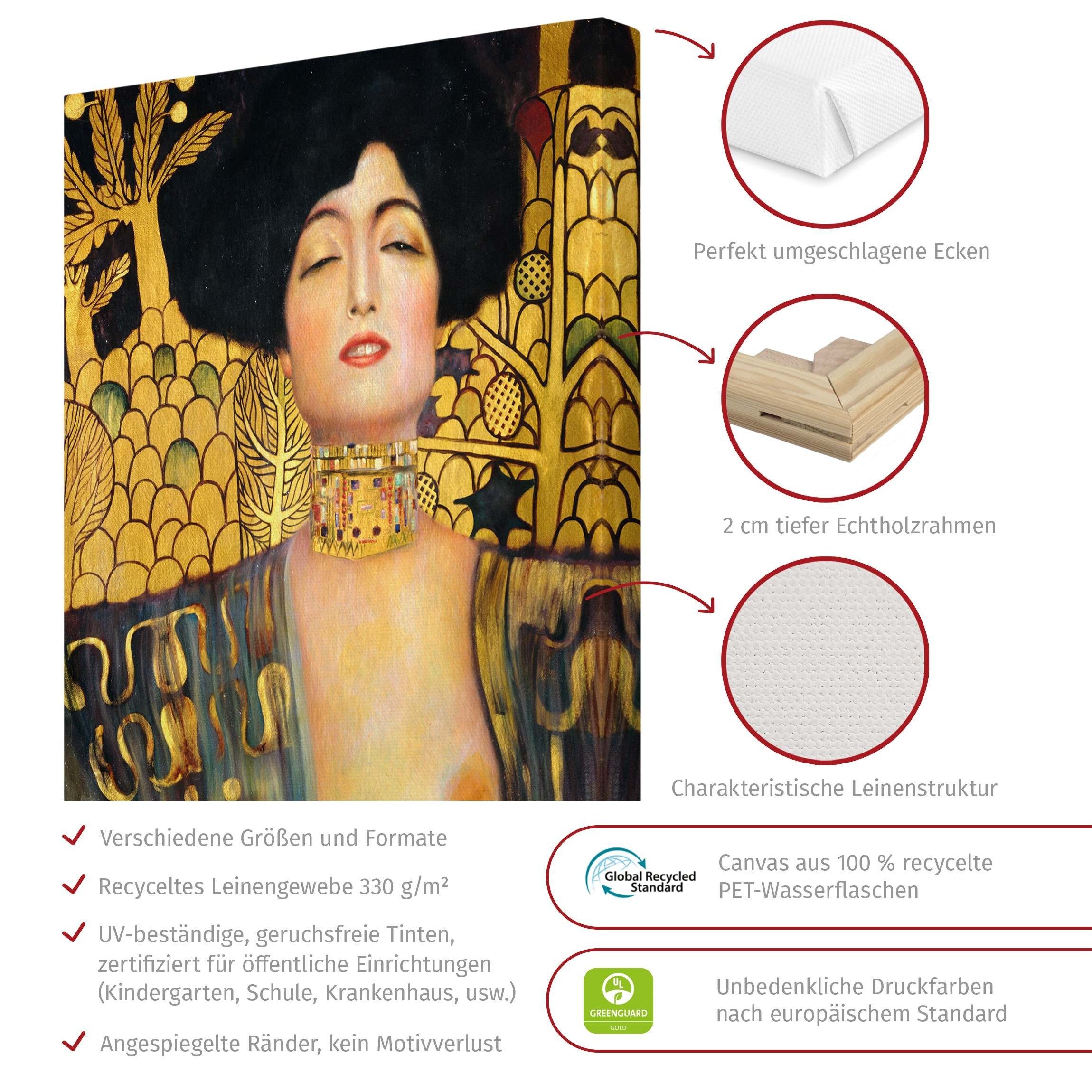 Bilderdepot24 Leinwandbild Kunstdruck Jugendstil Gustav Klimt Judith gelb Bild auf Leinwand XXL, Wohnzimmer Schlafzimmer Küche Flur Wandbild Kunstkopie Wanddeko Druck