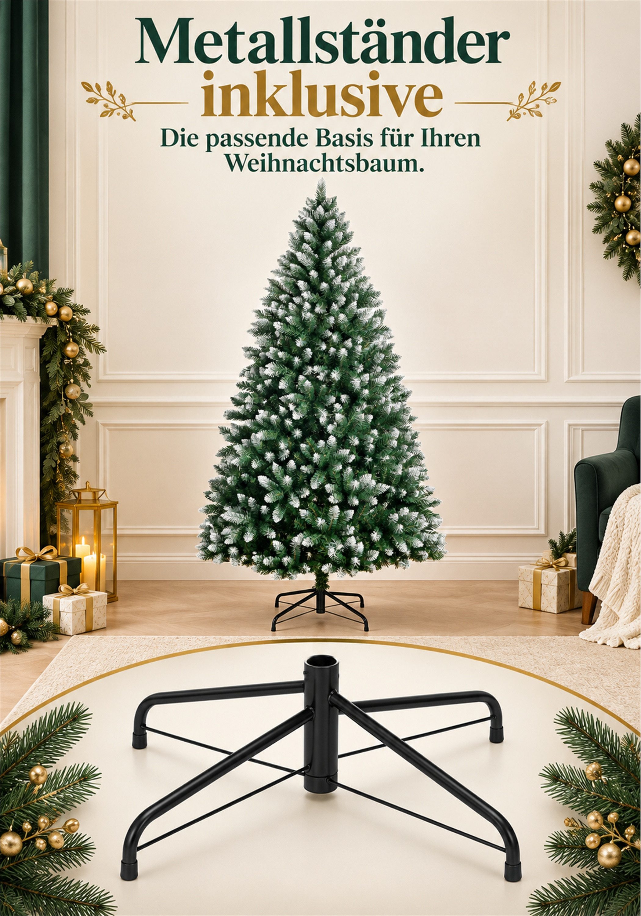 Vankel Künstlicher Weihnachtsbaum mit weißen Zweigspitzen, Schnee-Effekt, Tannenbaum mit Metallständer, Grüner Tannenbaum mit dezenten Schneeakzenten und einem  – Bild 5 von 5