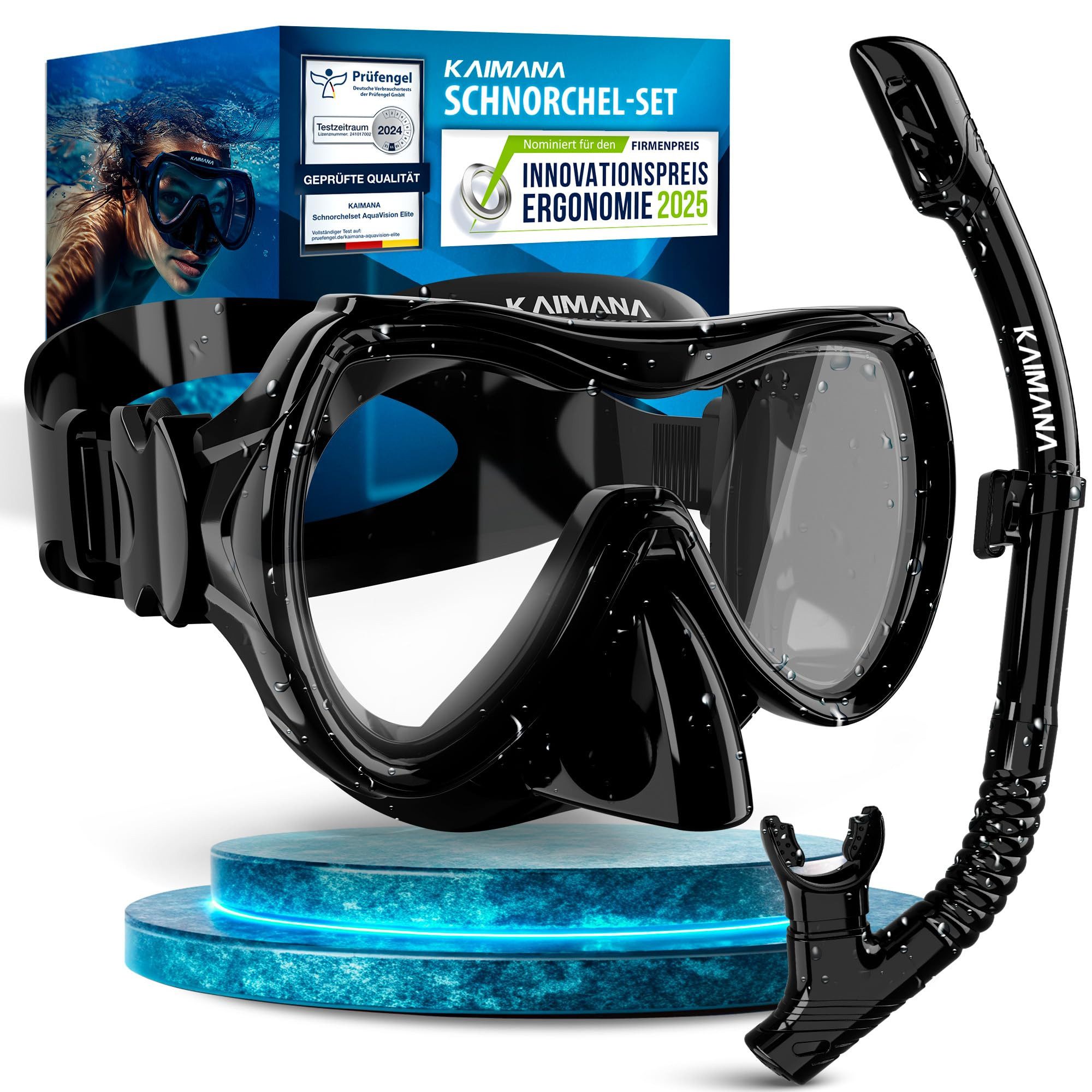 KAIMANA Tauchermaske AquaVision Elite Schnorchelset für Erwachsene inkl. Tragetasche, (Bequeme Taucherbrille Erwachsene, Alternative zur Schnorchelmaske), Taucherbrille mit Stoffband/Silikonstrap