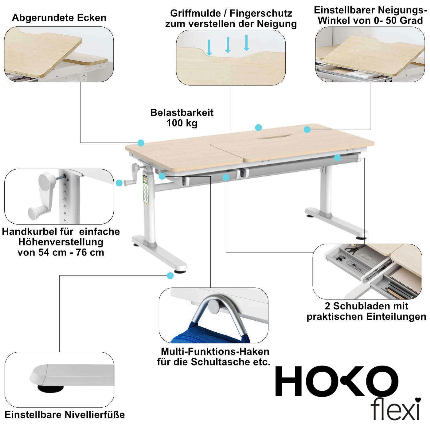 HOKO Kinderschreibtisch höhenverstellbar mit 90x20 cm Aufsatz (Kinderschreibtisch, 1-St., mit 80x40 cm neigbarer Tischplatte, Buchstütze und 2 Schubladen), 120x60 cm Arbeitsfläche, für Kinder ab 6, Holzoptik, CELIN & ALVO