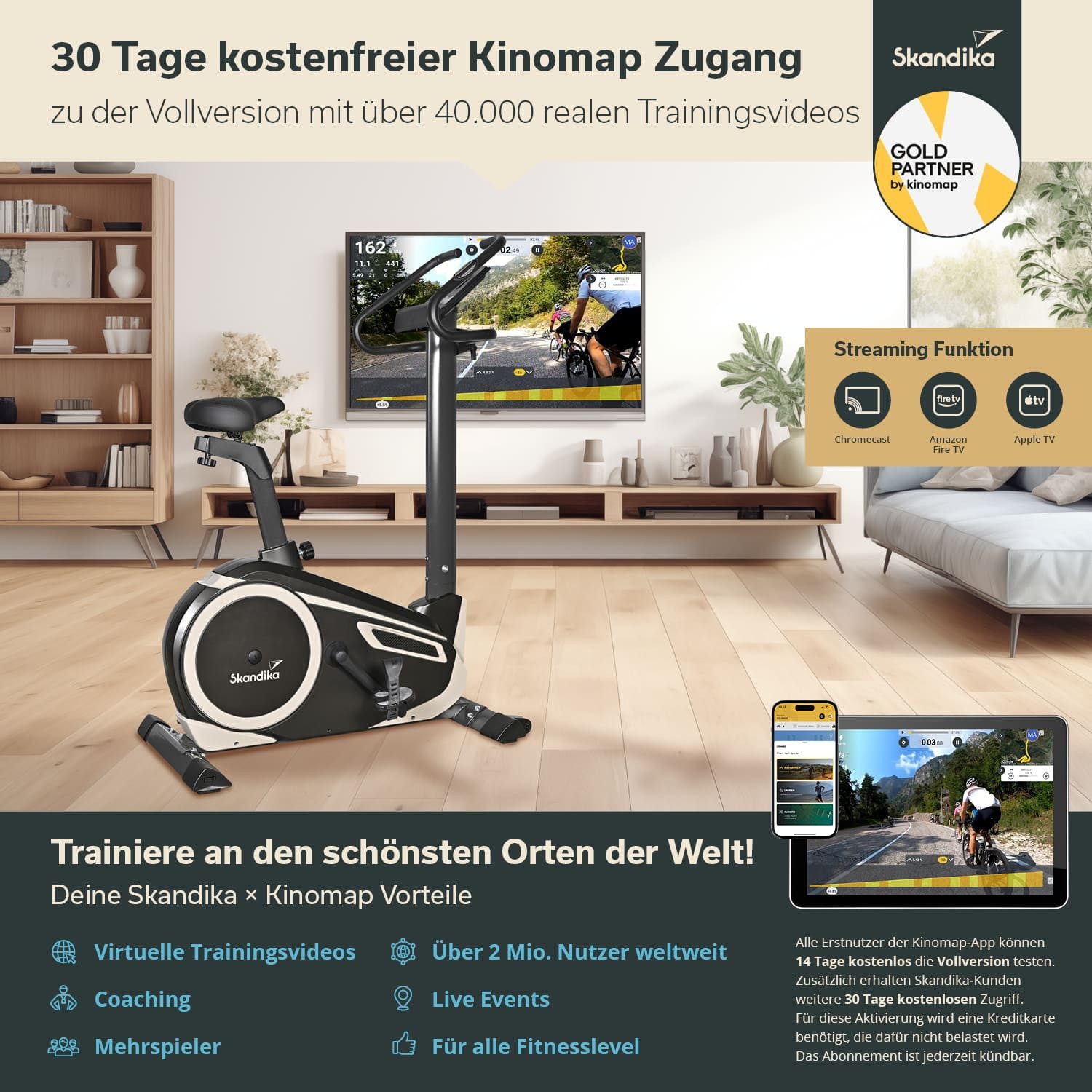 Skandika Heimtrainer Fahrrad Morpheus, Ergometer für Zuhause, Fitnessbike bis 150 kg (Bluetooth, Tablet-/Smartphone-Halterung, Transportrollen), 12kg Schwungmas – Bild 4 von 5