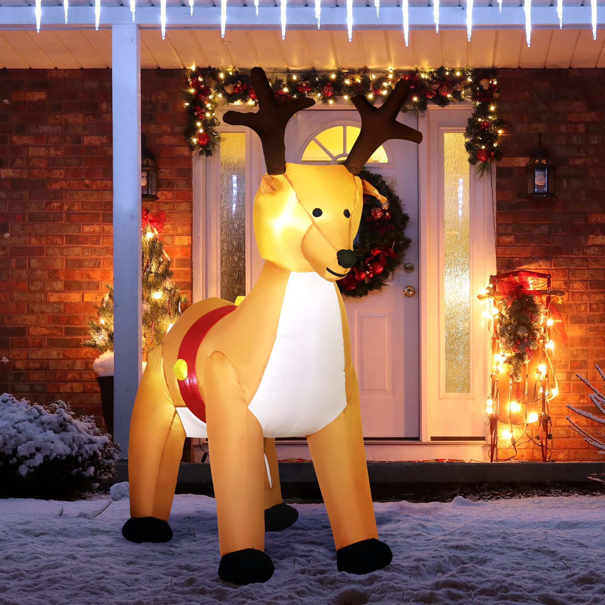 HOMCOM Weihnachtsfigur Weihnachtsdeko Outdoor-Dekoration für Weihnachten, Party (Weihnachtsdekoration, 1 St., Aufblasbarer Weihnachtshirsch), LED-Lichter, Gelb