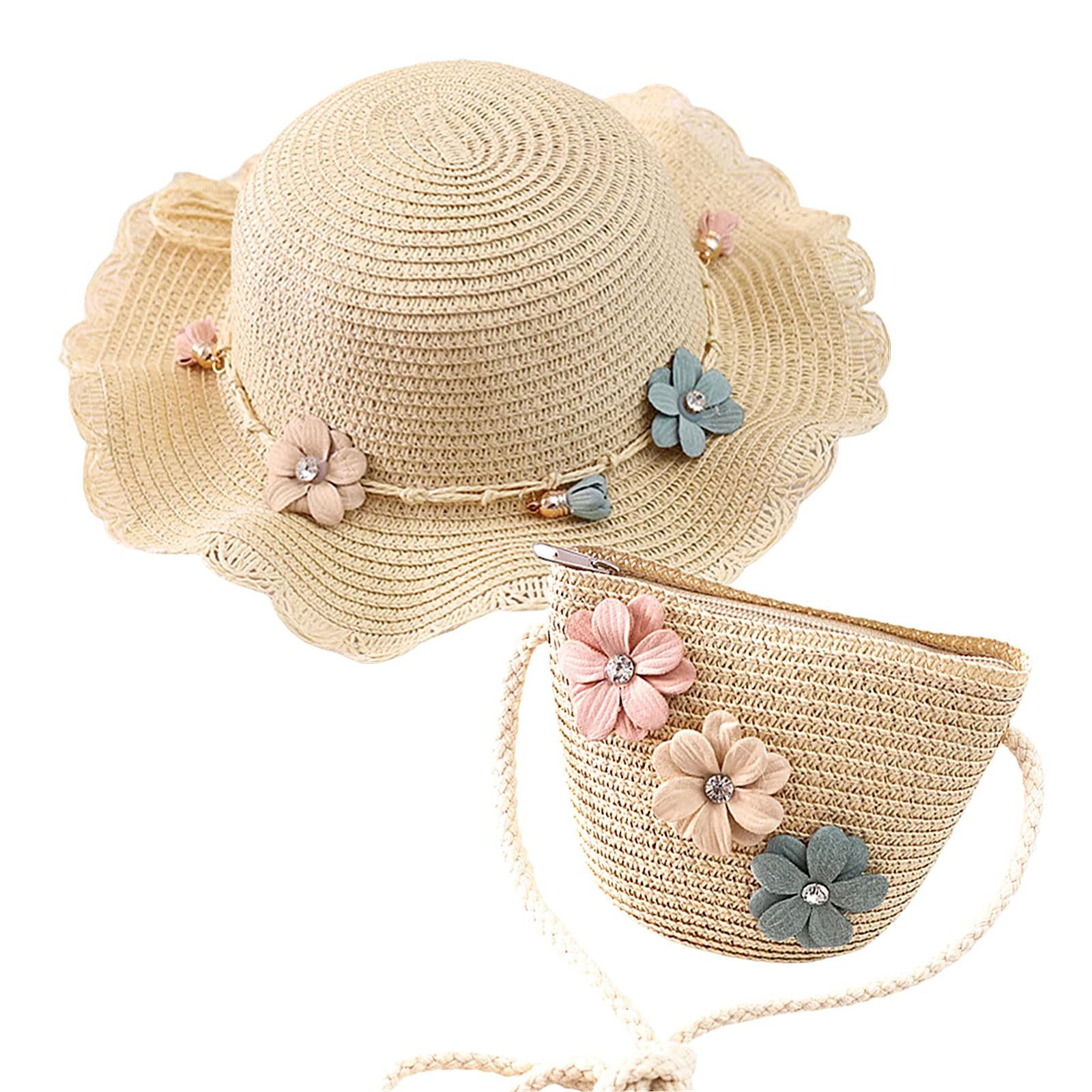 Coonoor Sonnenhut Strohhut-Set für Kinder: Süßer Sommerhut und Strohtasche für Mädchen Reisehut mit Blumen-Dekoration für Strand, Urlaub