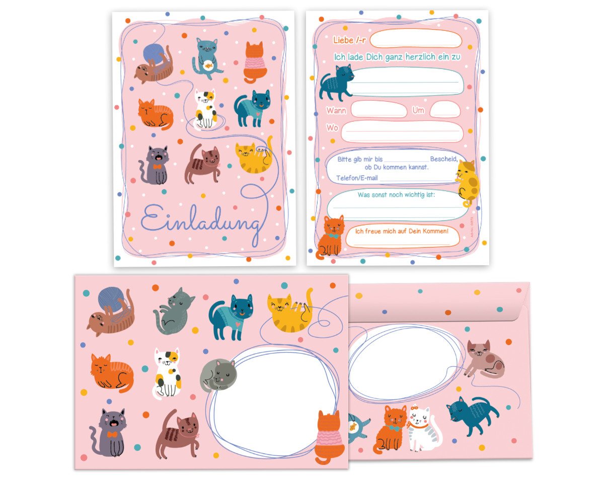 JUNAPACK Einladungskarten Katzen zum Kindergeburtstag Einladungen mit Umschlägen Karten rosa, Einladungskarten mit Umschlägen zum Kindergeburtstag Katze