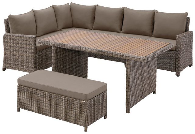 MERXX Loungeset Rimella, 18-tlg., Ecksofa, Bank, Tisch 90x160 cm, Akazie/Polyrattan