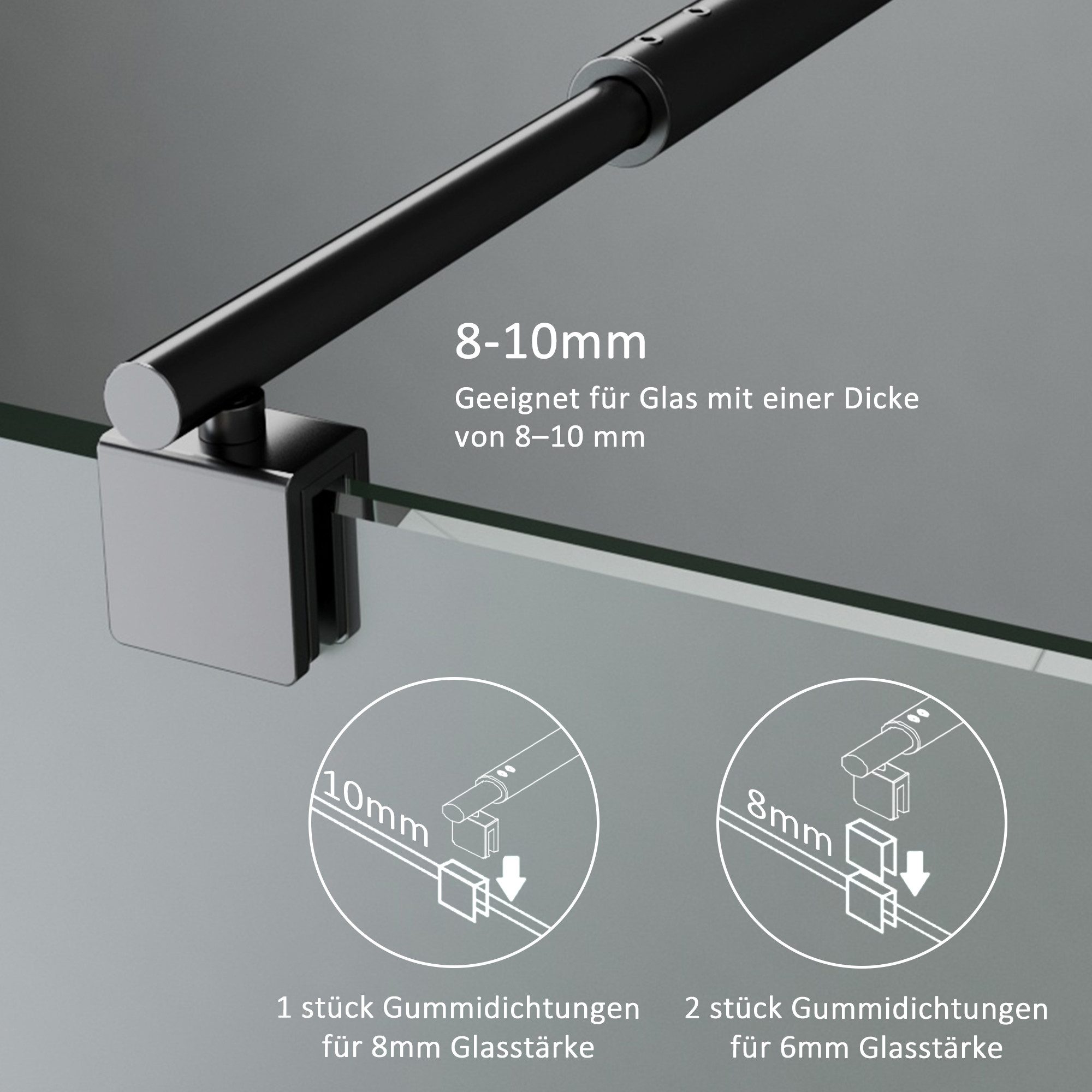 Boromal Duschwand-Stabilisationsstange Haltestange für 5-10 mm Walk In Duschwände Glaswand Stabilisator, justierbar 70-120cm Edelstahl / Schwarz – Bild 5 von 5