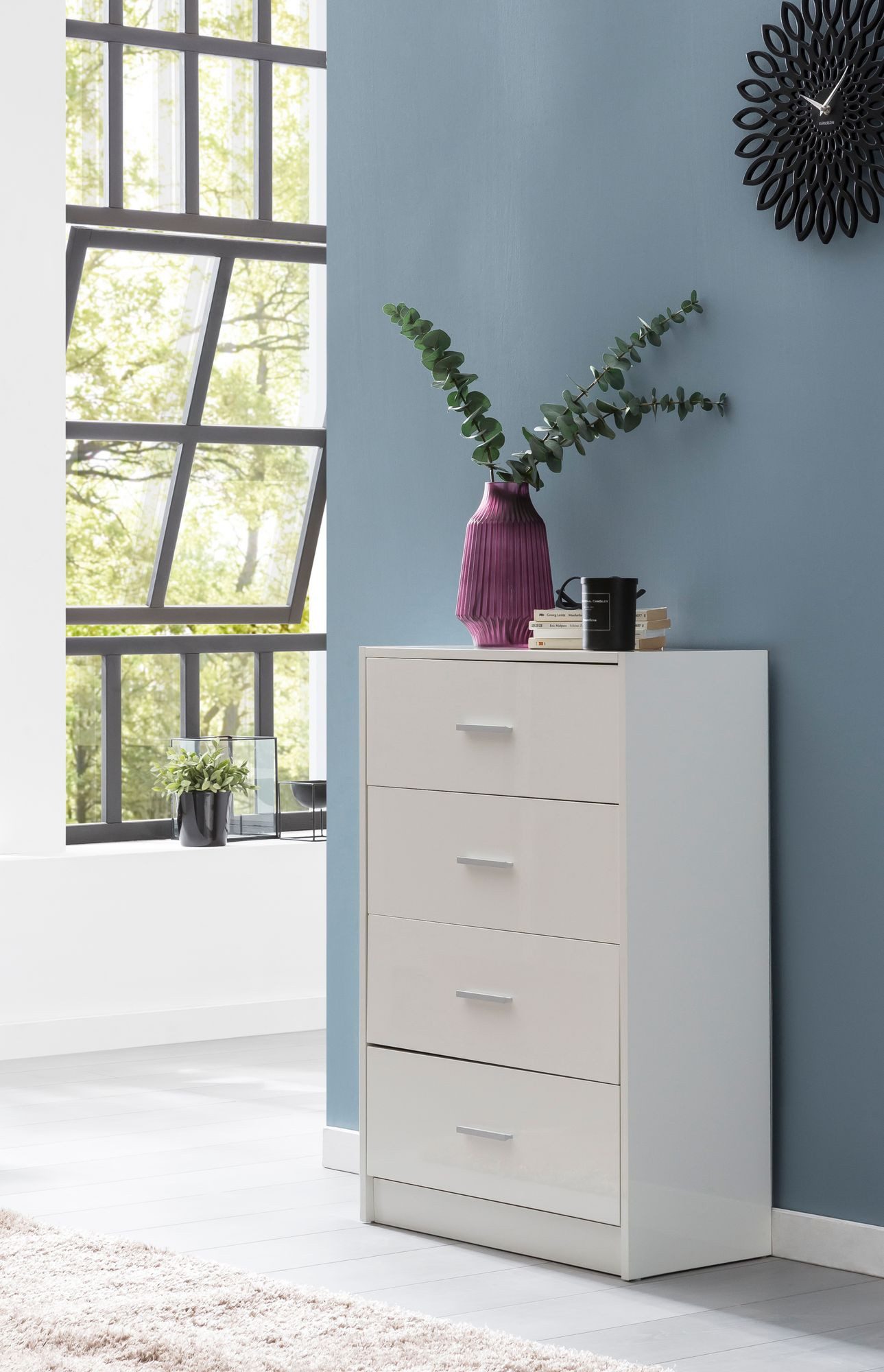 Wohnling Schubkastenkommode Sideboard WL5.864 Weiß Hochglanz 60x90x30 cm Schubladenkommode Anricht (Sideboard Weiß Hochglanz 60x90x30 cm Modern), Anrichte Schmal, Kleine Schubladenkommode Flur