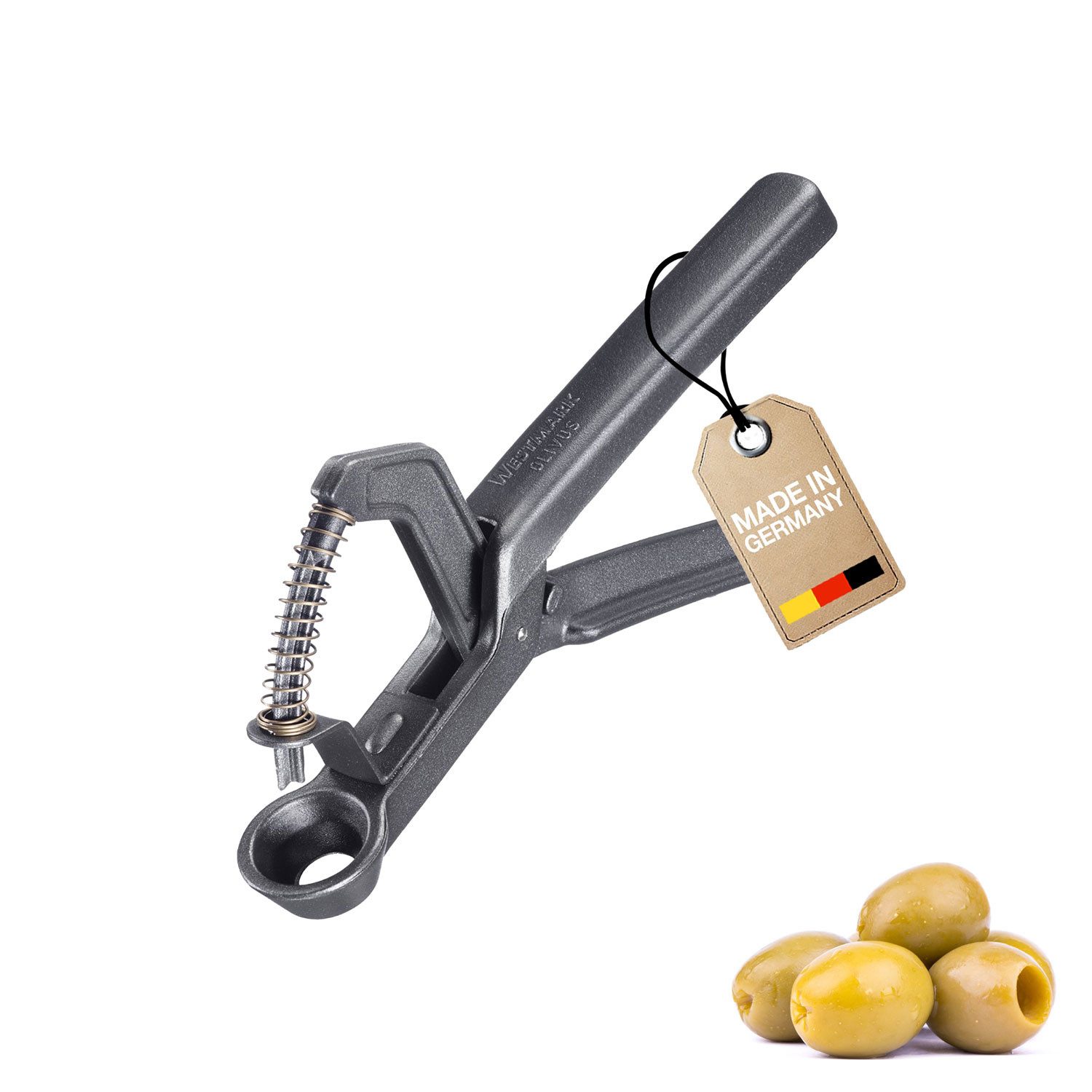 WESTMARK Entsteiner für große & kleine Oliven, Olivenentsteiner Olivus Black Edition, Aluminium, griffige Haptik
