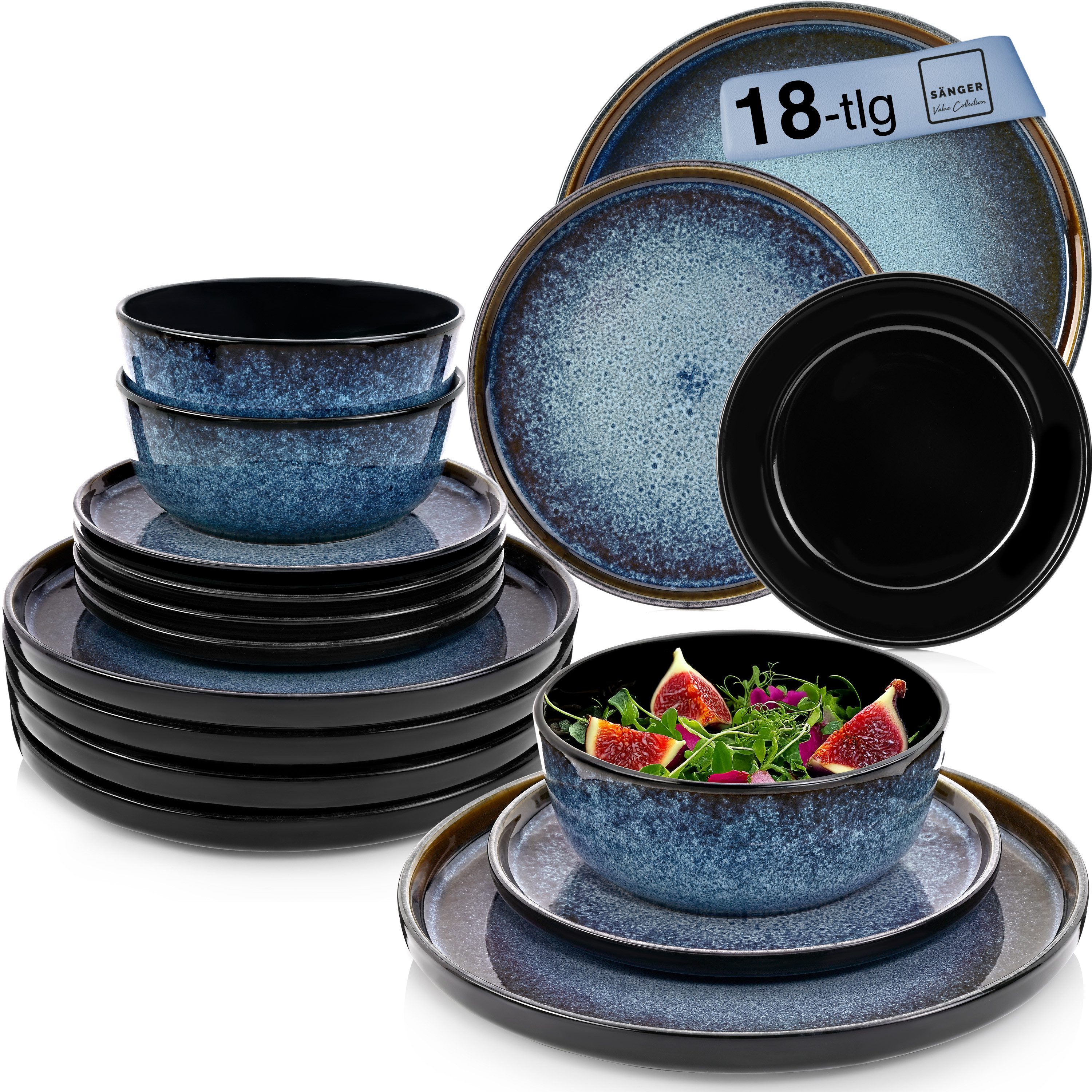 SÄNGER Geschirr-Set Osaka Blau mit schwarzem Rand (18-tlg), 6 Personen, Steingut, Handmade, Erweiterbar, VALUE COLLECTION