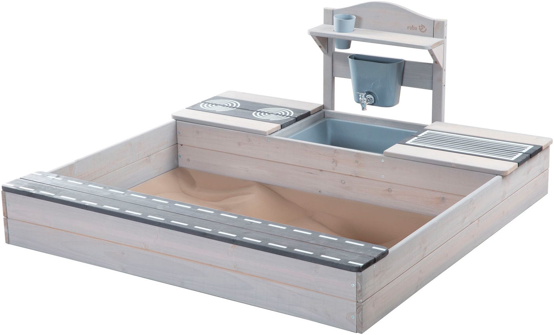 roba® Sandkasten 117 x 118 x 54 cm, mit Matschküche, grau, FSC® - schützt Wald