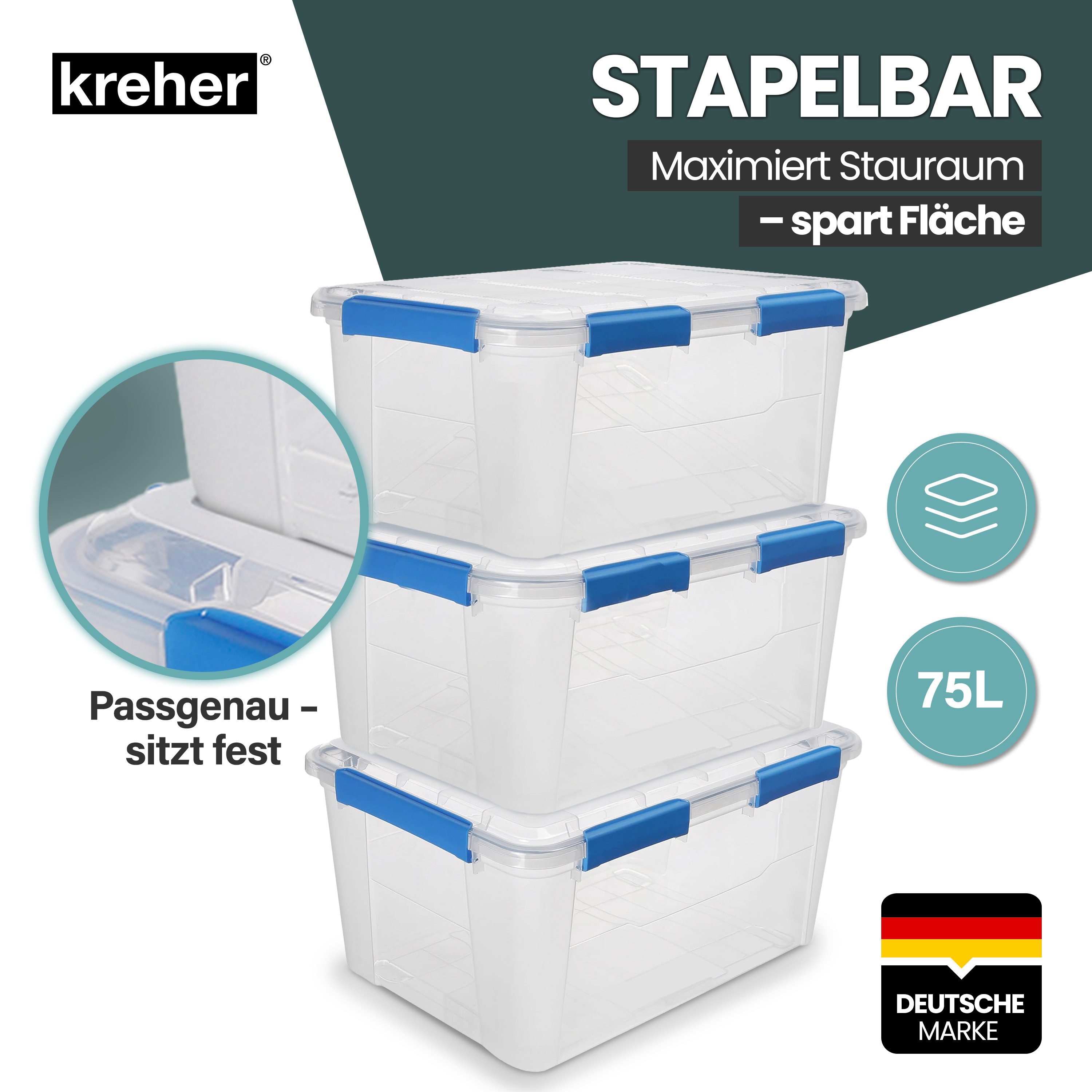 Kreher Aufbewahrungsbox mit Deckel und Dichtungsring (IP67) 75 Liter (Set wählbar) (1 St)