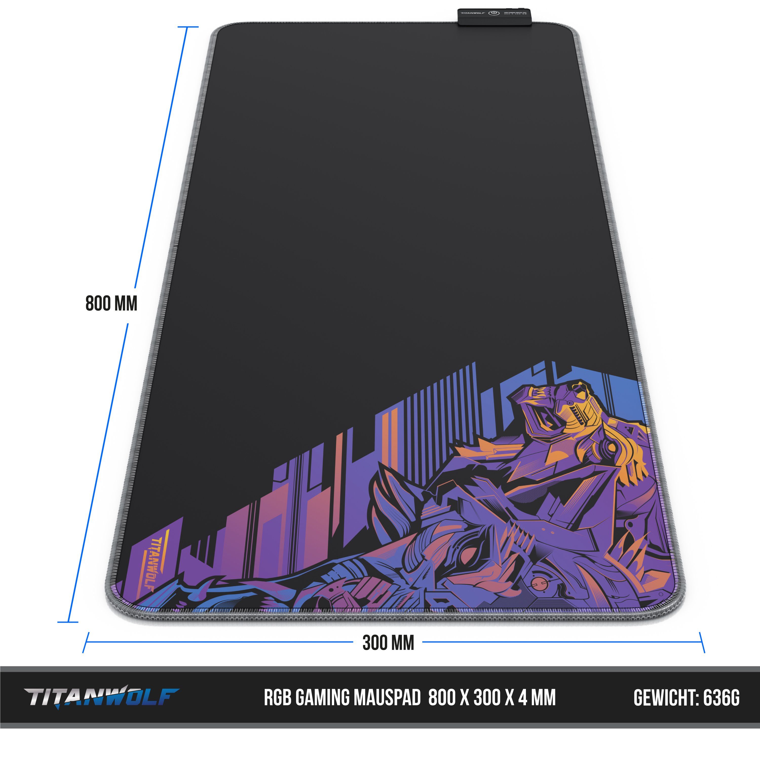 Titanwolf Gaming Mauspad RGB Mousepad 800 x 300 x 3 mm, LED Multi Color XL Tischunterlage (1-St), rutschfest, abwaschbar, Geschwindigkeit & Präzision, Vector Gr – Bild 4 von 5