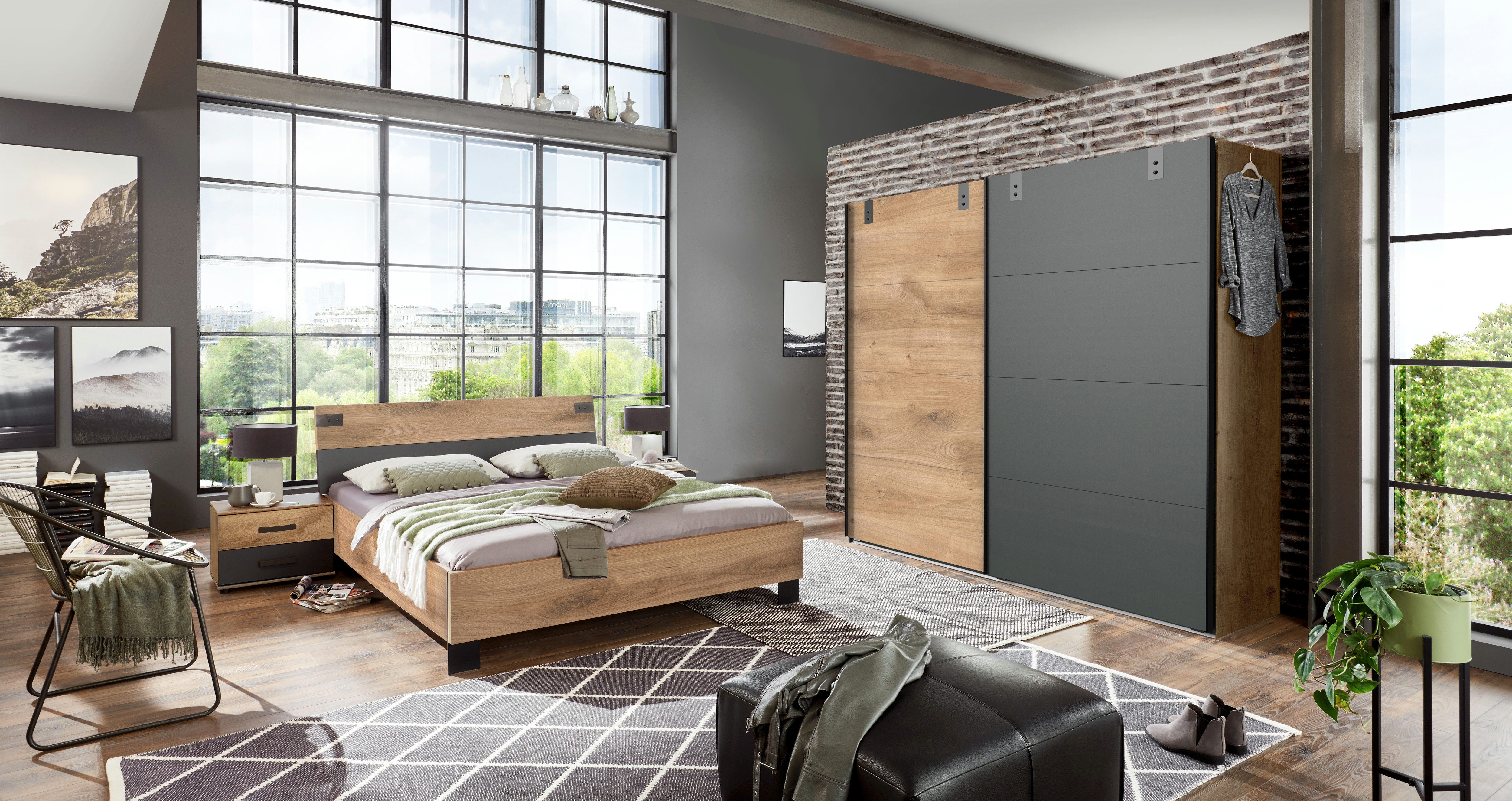 möbel-direkt.de Komplettschlafzimmer Malmö in Plankeneiche und Grafit, (Komplett-Set, 4-tlg., Verschiedene Schrankbreiten wählbar), Made in Germany