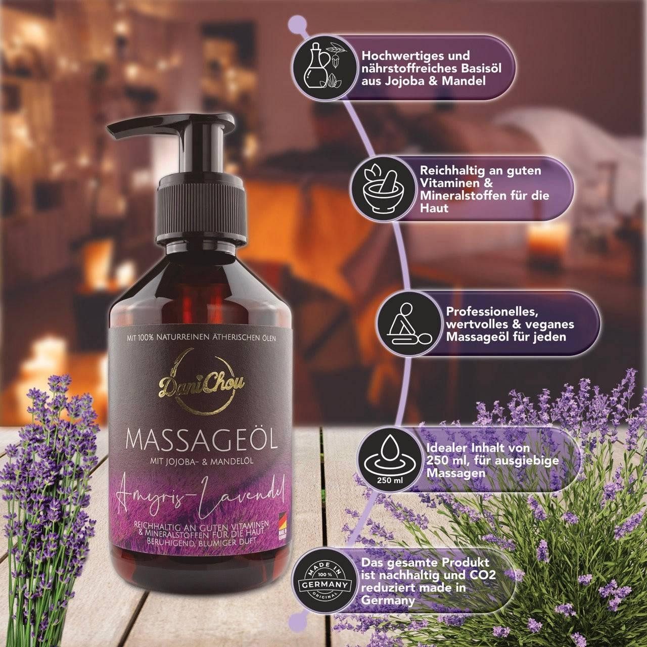 DaniChou Massageöl Amyris-Lavendel 250 ml – 100% vegan & natürlich – Intensiv pflegend mit Jojoba- und Mandelöl – Luxuriöses Lavendel-Amyris, 1-tlg., Made in Germany – Premium Massageöl mit Jojoba- & Mandelöl