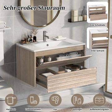 XDeer Badezimmerspiegelschrank Waschbeckenunterschrank hängend 76cm breit,mit Keramikwaschbecken, mit Schubladen,modernes Design,Natür und Weiß