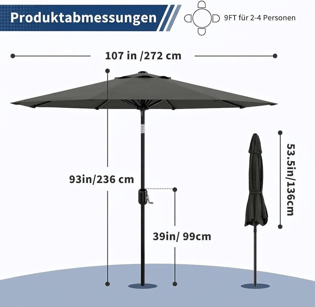 GarveeMore Sonnenschirm 270 cm mit Kurbelbedienung & Neigefunktion,UV50+ wasserabweisend, robuster Gartenschirm mit 8 Rippen für Garten,Terrasse,Balkon & Pool