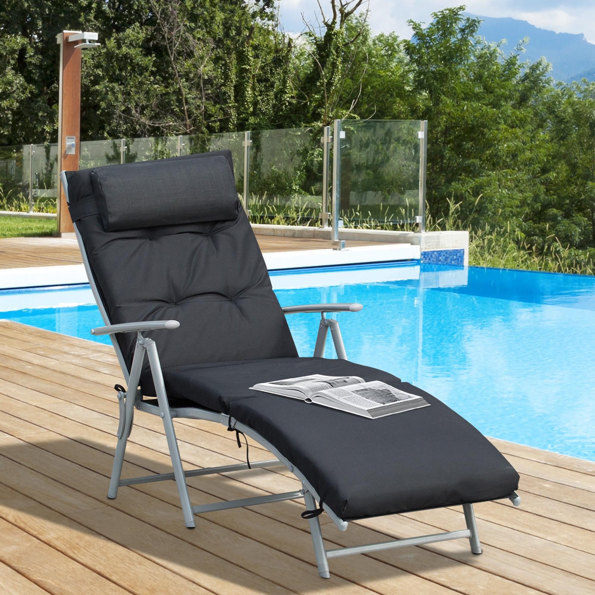 Outsunny Gartenliege Strandliege mit Kopfkissen, Liegestuhl bis 165 kg belastbar., Liege, 1 St., Sonnenliege, Sonnenliege 7-stufig Verstellbar Klappbar Metall Schwarz