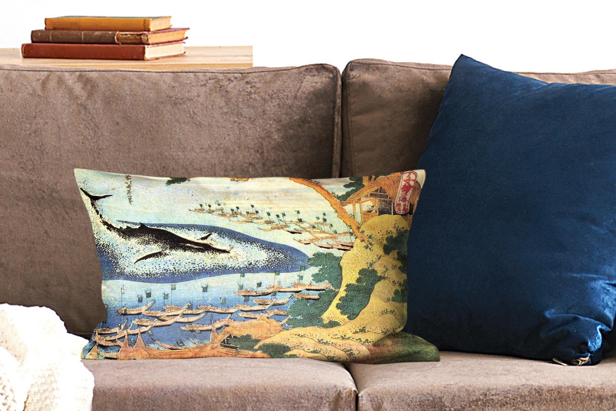 von - Dekoration, Gemälde Katsushika Wohzimmer Ein Wal Füllung, MuchoWow bei Dekokissen Hokusai, mit Goto Zierkissen, Schlafzimmer Dekokissen