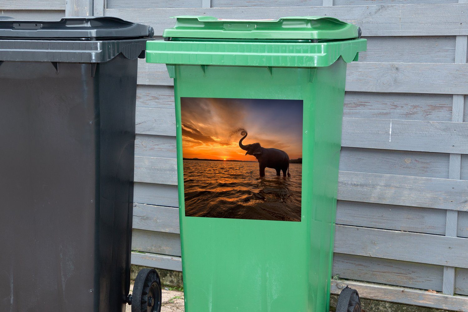 Orange Container, Sonnenuntergang - Mülltonne, - Sticker, St), Mülleimer-aufkleber, (1 Abfalbehälter Wandsticker - MuchoWow Elefant Tiere Meer -