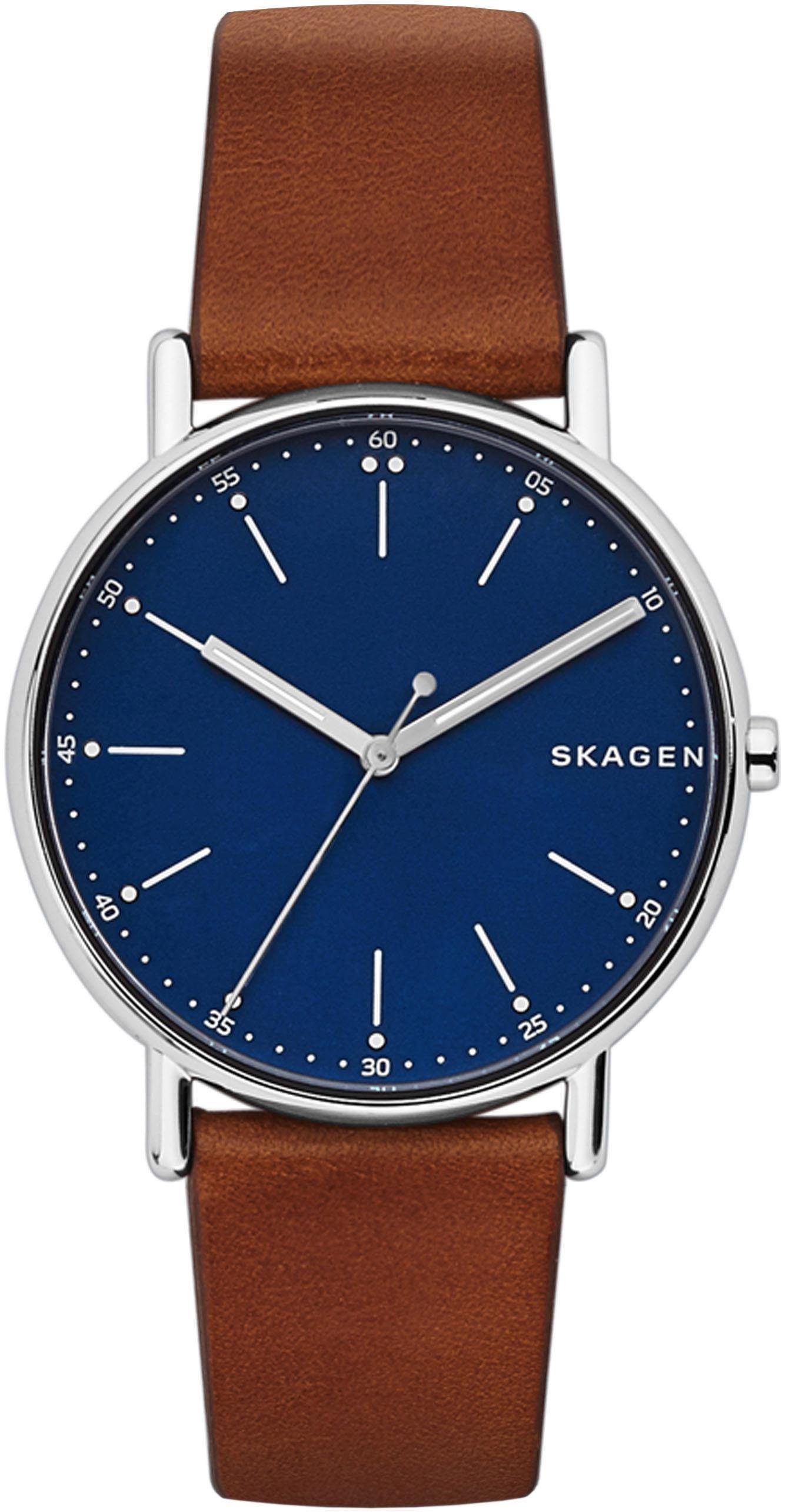 Skagen Quarzuhr SIGNATUR, SKW6355, Armbanduhr, Herrenuhr, Damenuhr, Leuchtzeiger, Lederarmband