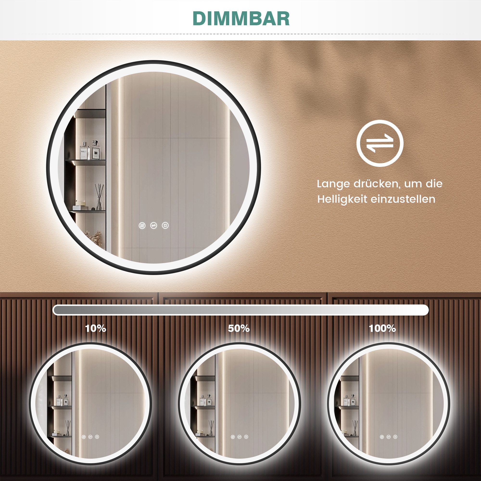 PESENXAN Badspiegel Runder LED Spiegel mit Beleuchtung, LED Badezimmerspiegel, Dimmbar (1-St), Antibeschlag, 3 Lichtfarben, Touch-Schalter, Speicherfunktion – Bild 4 von 5