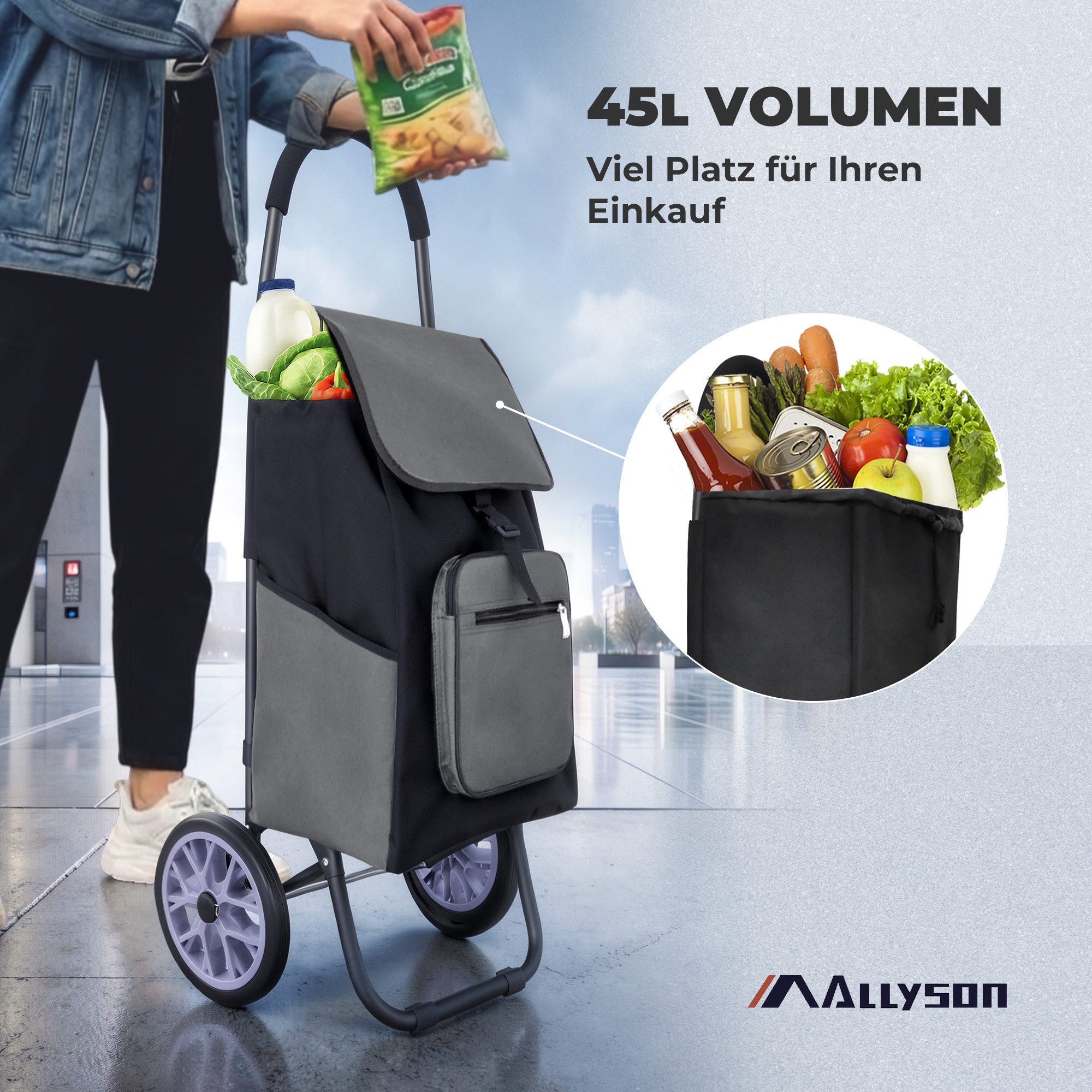 Allyson Einkaufstrolley Allyson Einkaufswagen Trolley Klappbar – Belastbar & Geräuschlos, 45 l, Klappbares Leichtbau-Gestell mit ergonomischem Soft-Touch-Griff