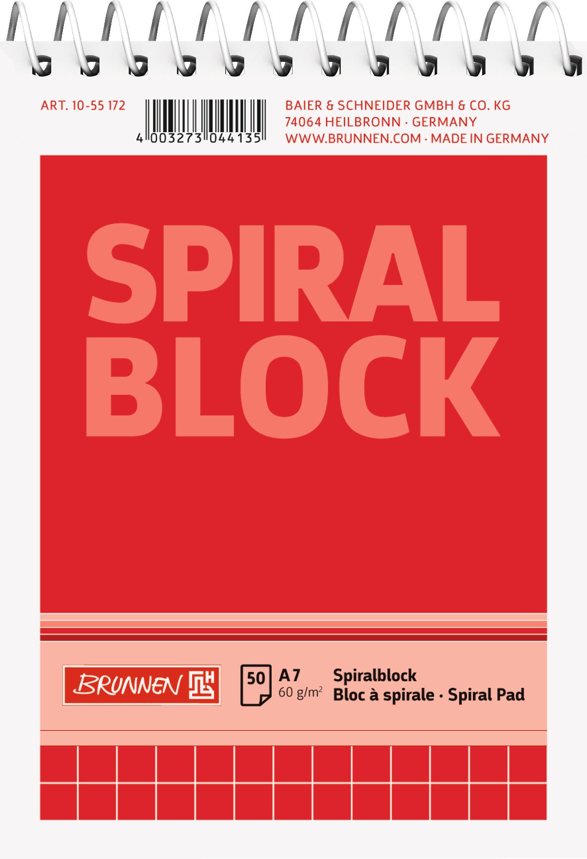 BRUNNEN Collegeblock BRUNNEN 1055172 Spiralnotizblock A7 kariert Deckblatt: rot