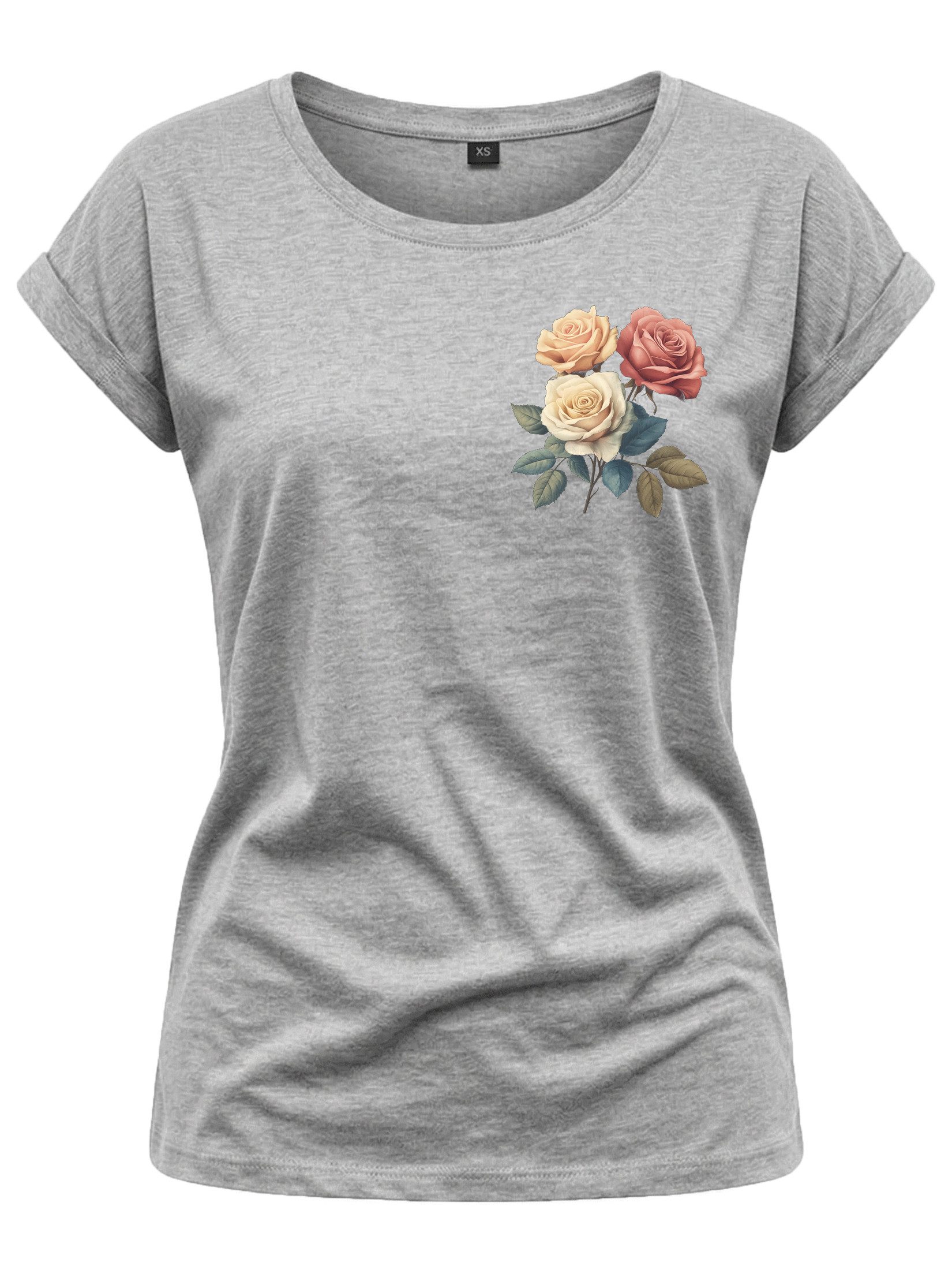 MAKAYA Print-Shirt mit Rosenmotiv Damen Top Rosendruck Aufdruck Rose (Weiß, Schwarz, Blau, Grau, Grün, Hellgrau, Rosa, 34, 36, 38, 40, 42, 44, 46, 48, 50) Baumwolle