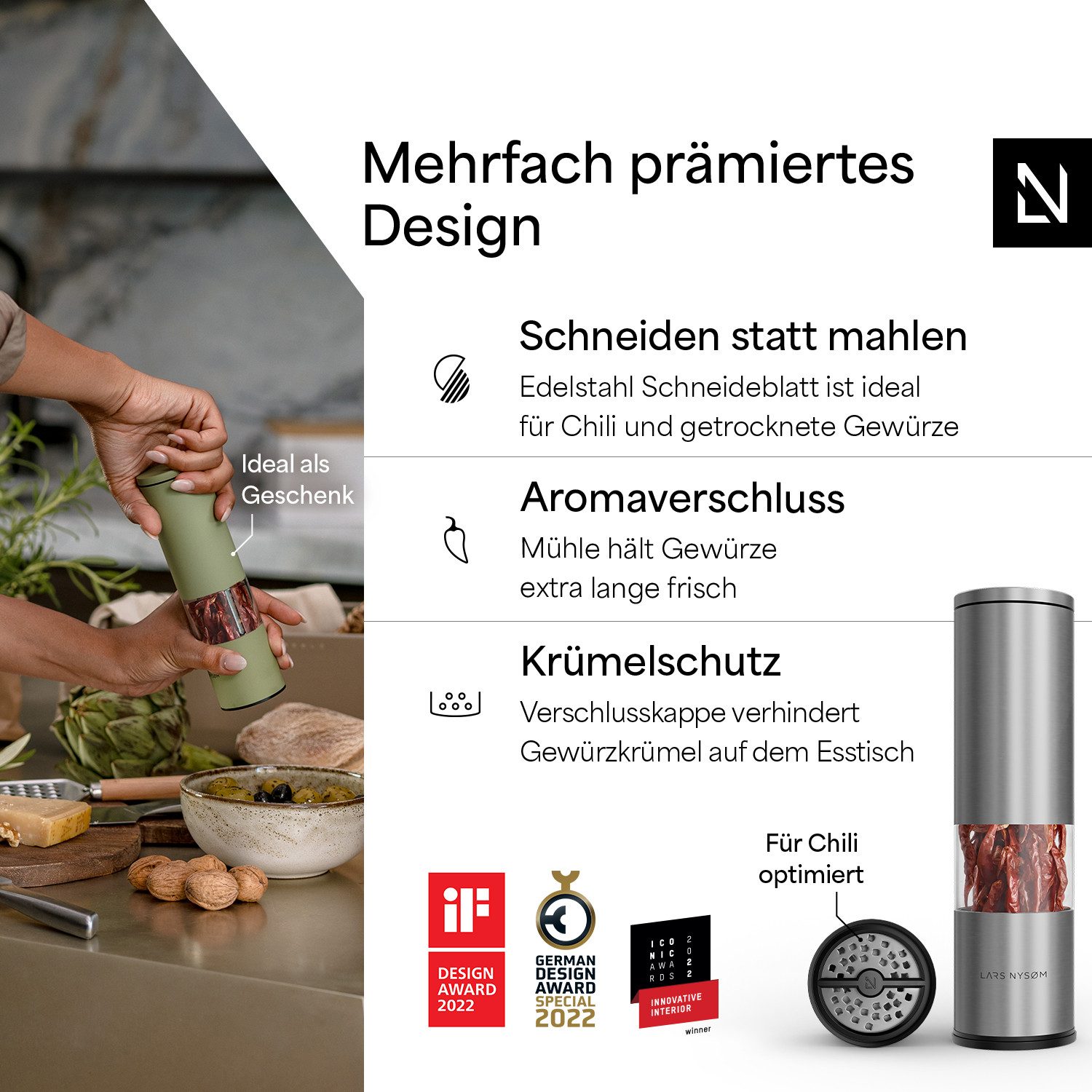 LARS NYSØM Gewürzmühle Lagom Chili, (1 Stück), hochwertiges Schneideblatt aus Edelstahl perfekt für Chili