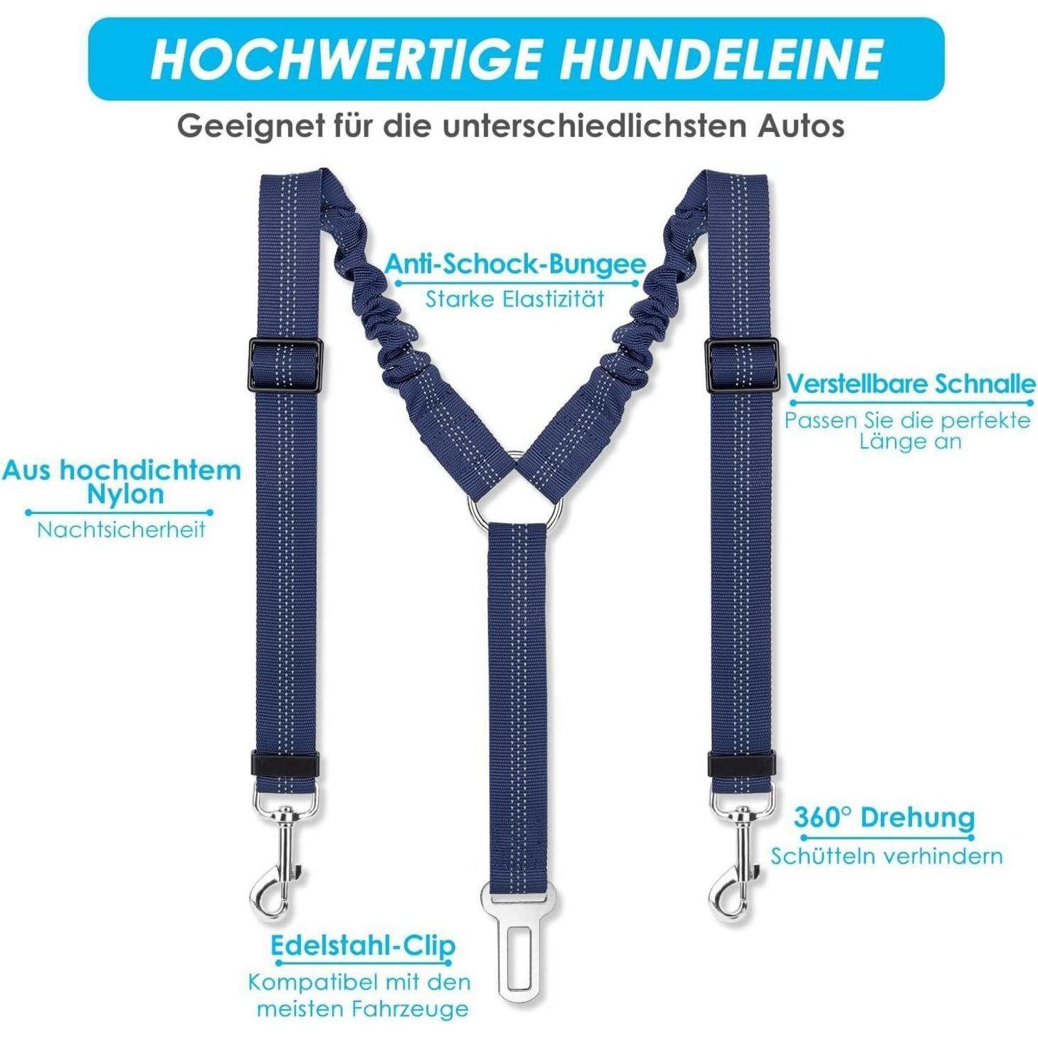 SlowTon Autohundegeschirr Anschnallgurt Hund Auto verhedderungsfrei elastisch reflektierend Blau