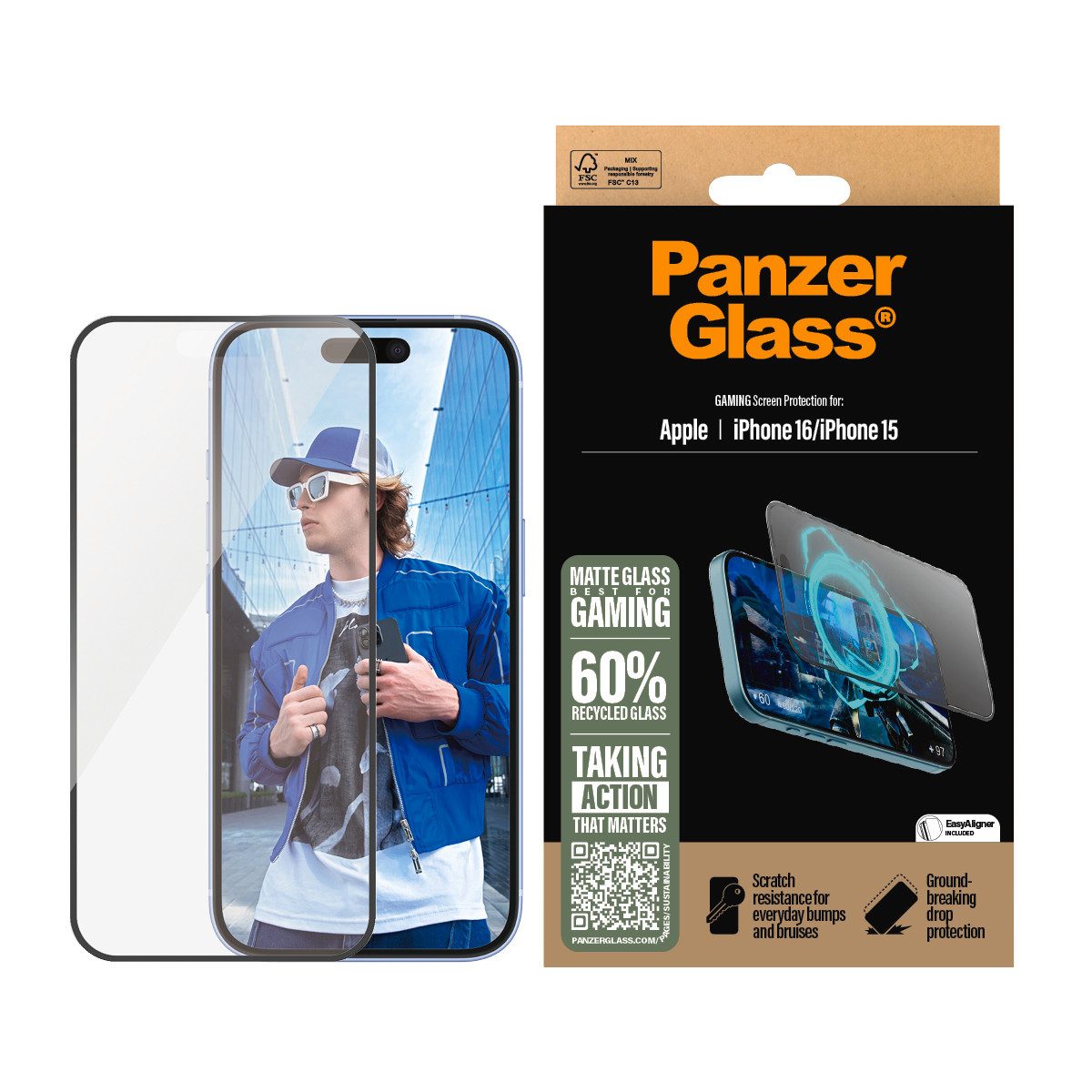 PanzerGlass Displayschutzglas Gaming Screen Protection für Apple iPhone 15, Apple iPhone 16, Displayschutzfolie, Schutzfolie, Bildschirmschutz, kratz- & stoßfest