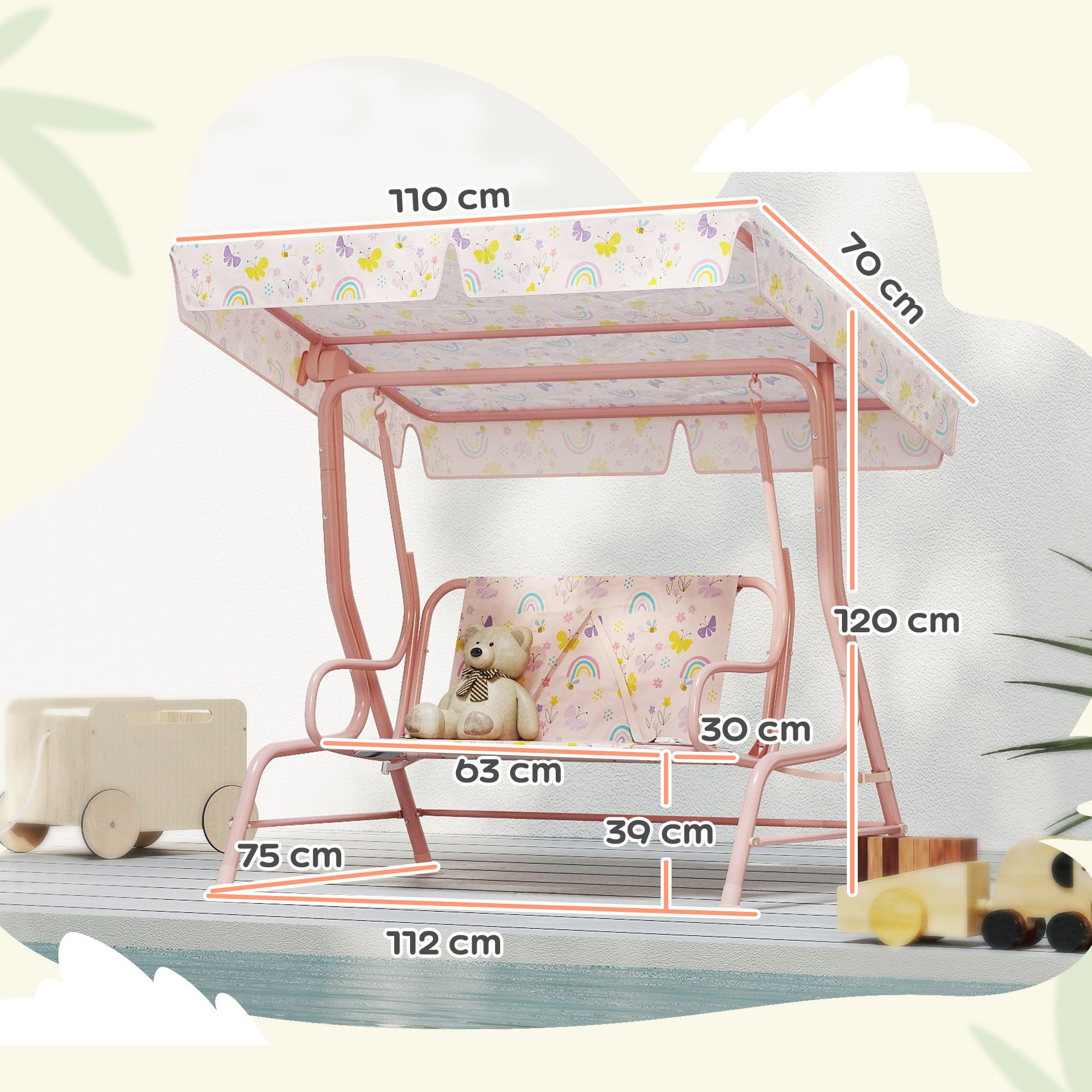 AIYAPLAY Hollywoodschaukel Kinderschaukel mit verstellbarem Sonnendach, Sicherheitsgurt, 2-Sitzer, verstellbarer Sonnenschutz, Gartenschaukel für 3-6 Jahre Kinder, 1 tlg., für 3-6 Jahre Kinder, Rosa 110 x 74 x 113 cm