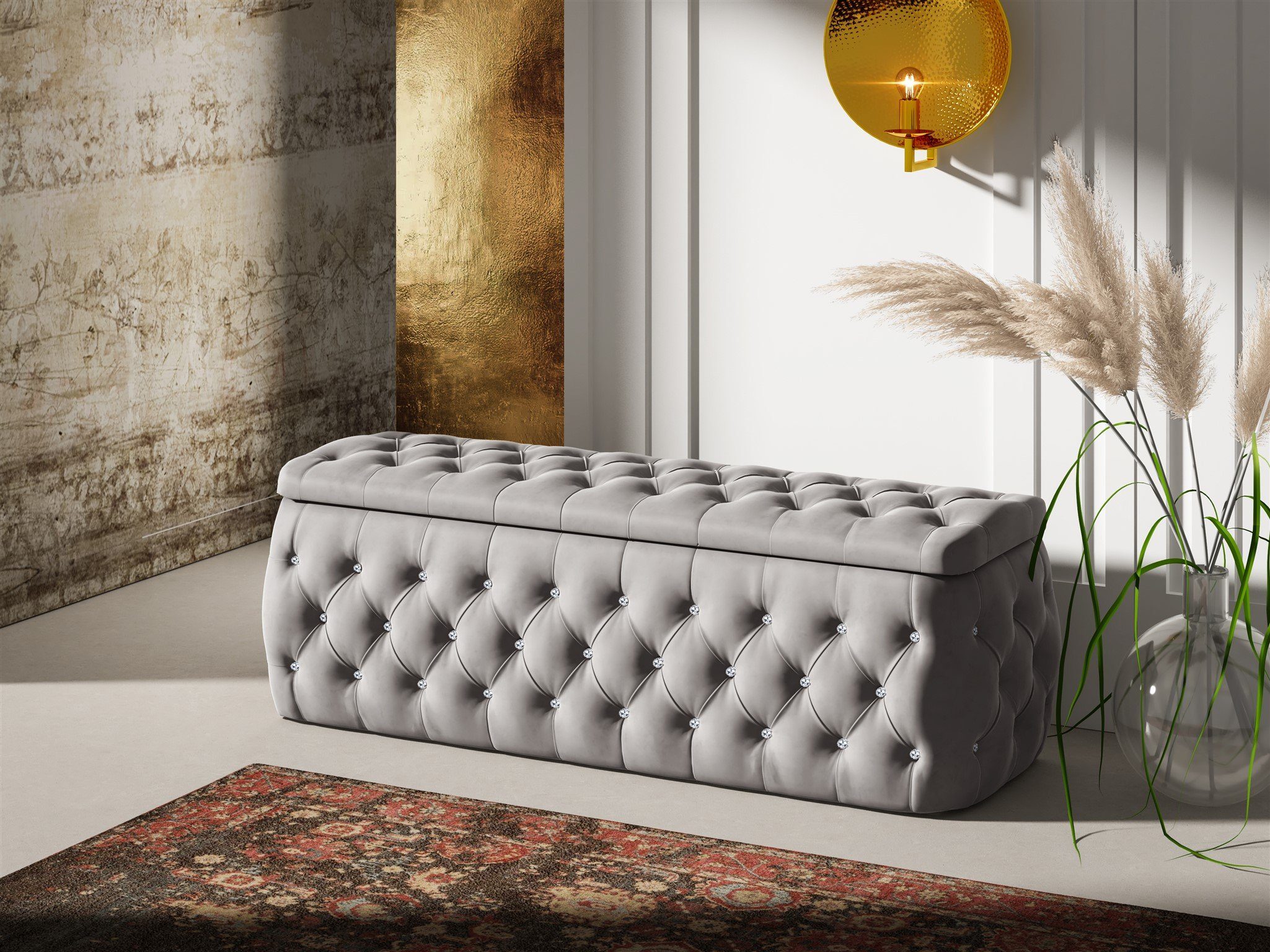 Fun Möbel Boxbett Schlafzimmerbett SEVRA Nr.4 in Stoff Elisa Velvet (inkl. Bettkasten und Topper, RGB LED-Beleuchtung mit Fernbedienung), inkl. Polsterhocker mit Stauraum und 2 Nachttische mit Glasplatte