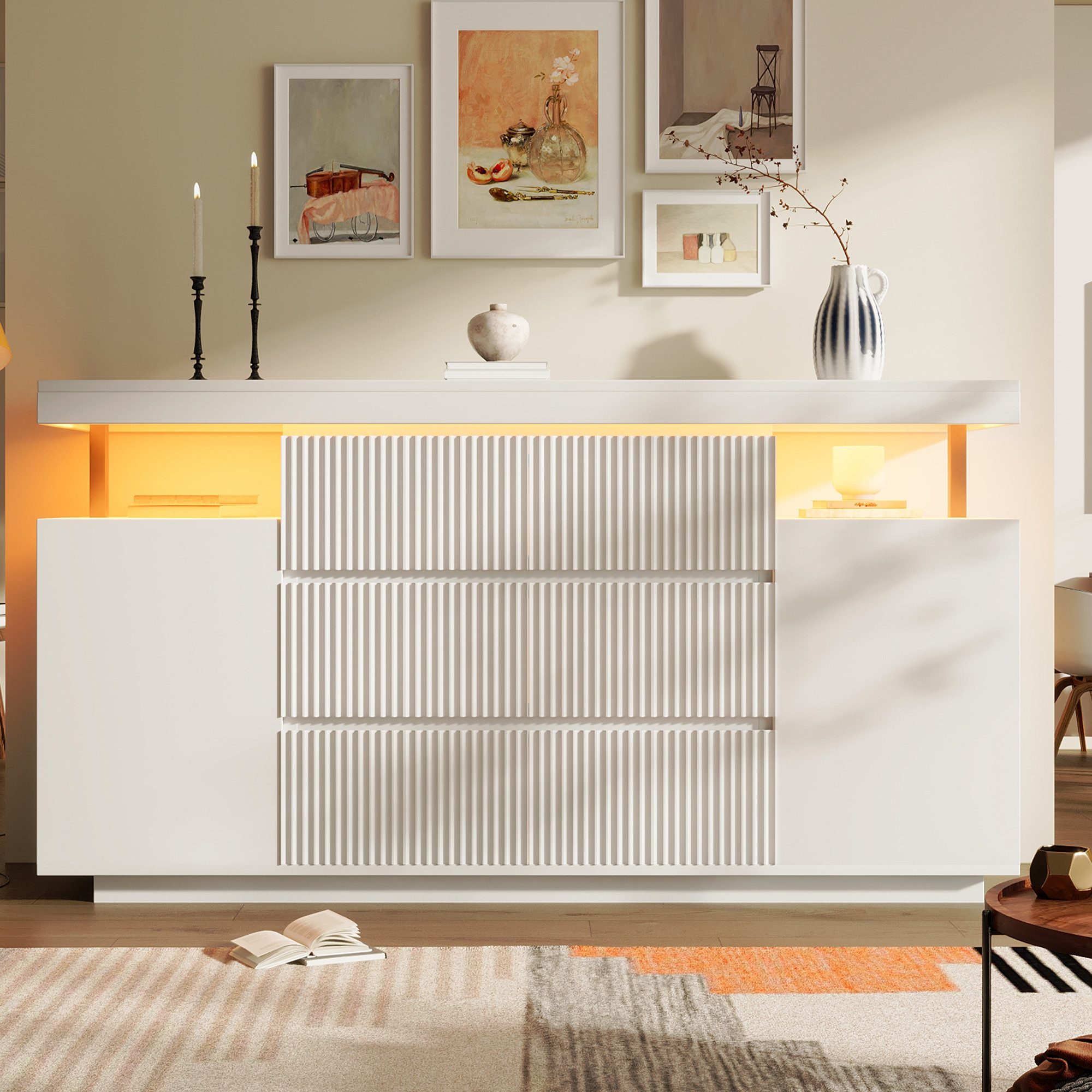 Flieks Kommode Sideboard mit LED-Beleuchtung, 6 Schubladen & 2 Türen, Riffelfronten (150x40x78 cm, 1 St), Mehrzweckschrank Wohnzimmerschrank mit verstellbarer Einlegeböden Weiß
