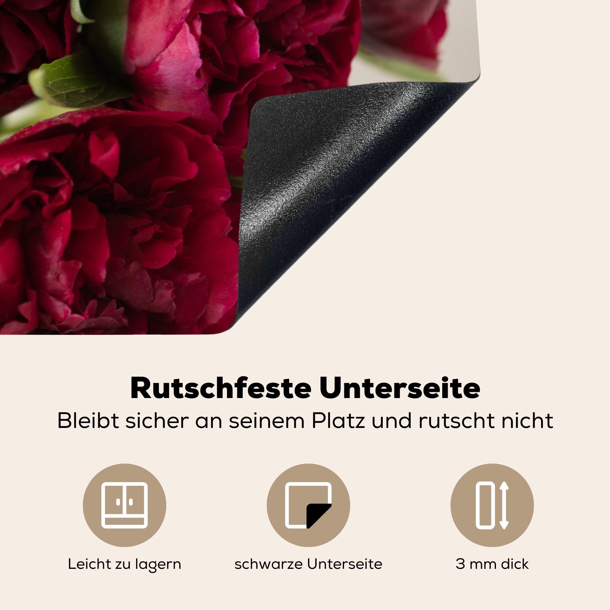 MuchoWow Herdblende-/Abdeckplatte Hintergrund, tlg), 81x52 (1 Strauß Ein Schutz weißem für cm, küche, roter Vinyl, Ceranfeldabdeckung Induktionskochfeld Pfingstrosen die mit