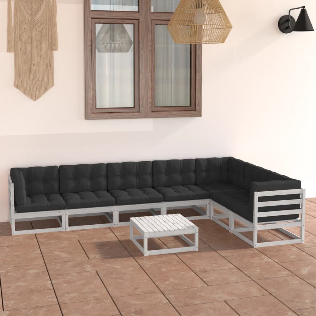 Massivholz vidaXL 8-tlg. Garten-Lounge-Set Gartenlounge-Set Kiefer, Weiß Kissen mit (1-tlg)