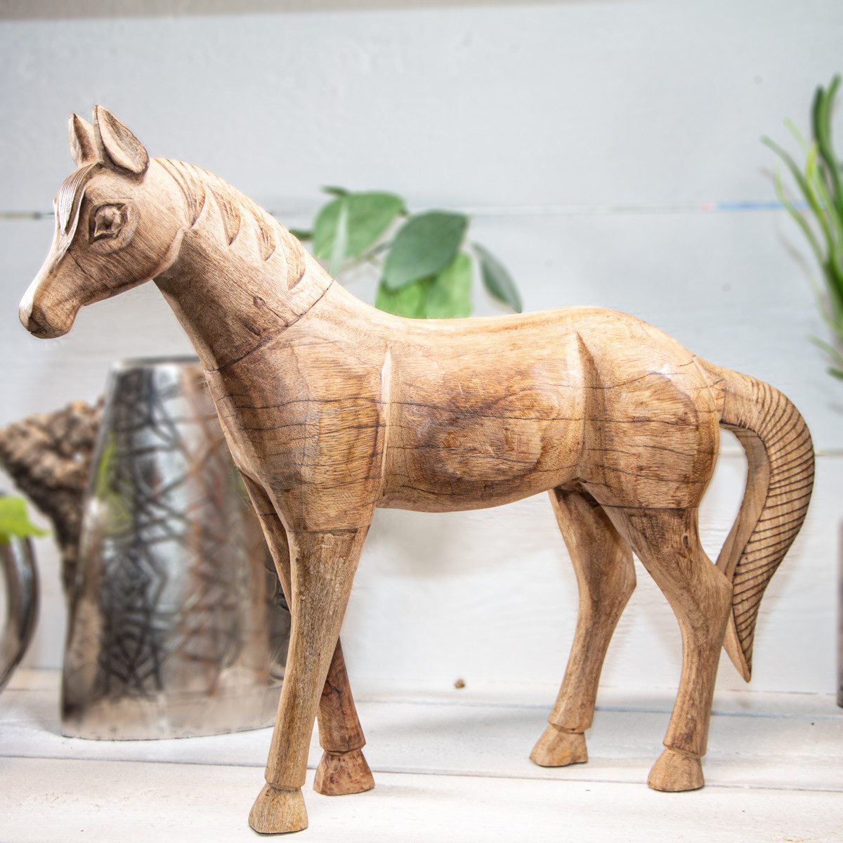 Antikas Wanddekoobjekt Holzfigur, Pferd, Groß, Braun, Mango