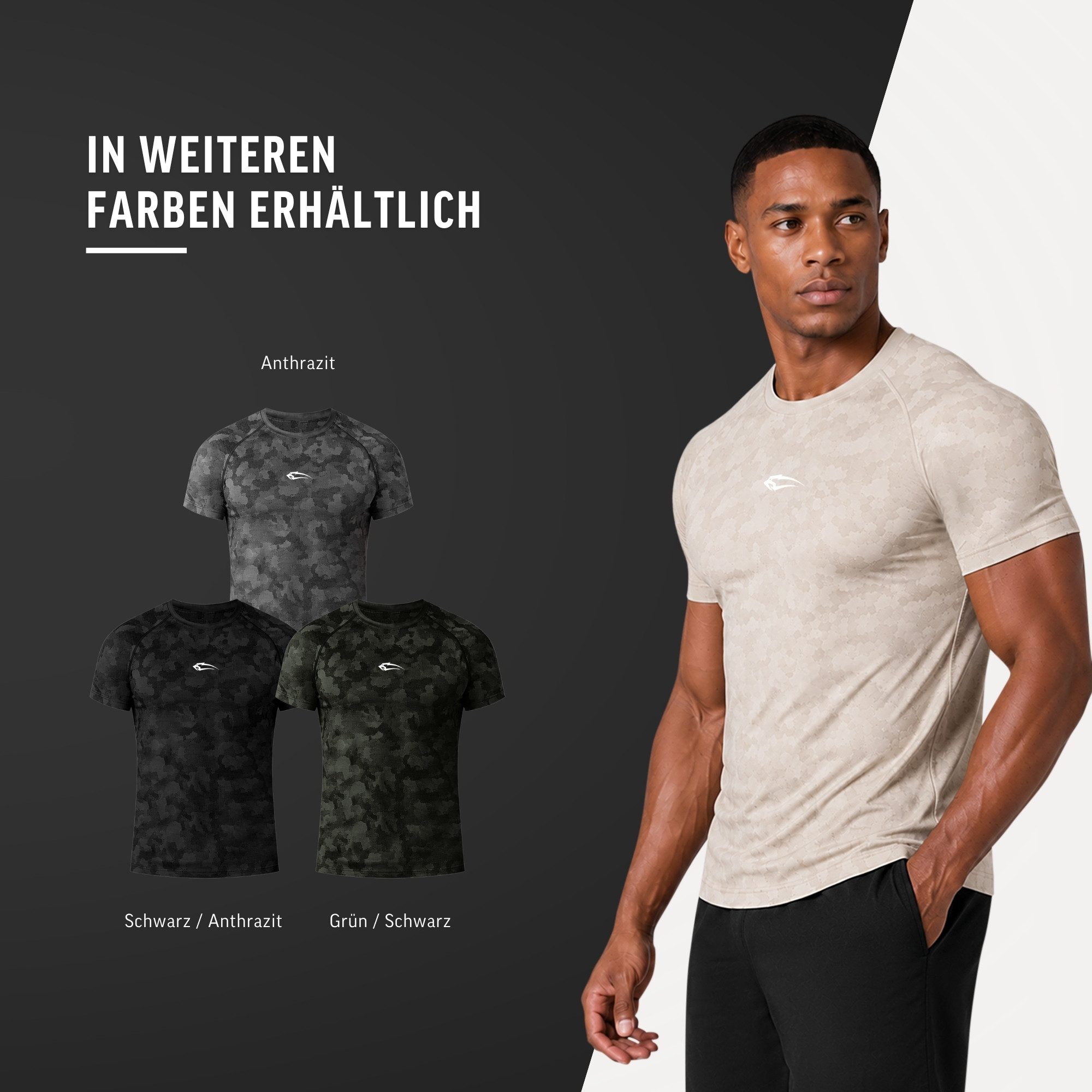 Smilodox T-Shirt Varek Herren, Compressionshirt, Shaped Fit, Camouflage, Gymwear Compression Fit, Seamless, atmungsaktiv, Body Mapping, Stretch – Bild 4 von 5