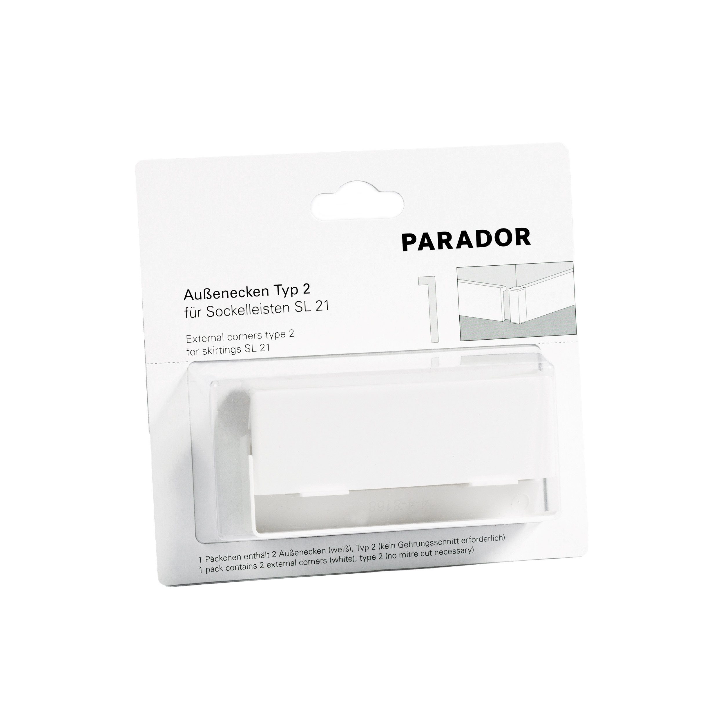 PARADOR Sockelleisten-Aussenecke Typ 2 für Sockelleisten SL 21, L: 15 cm, H: 4 cm, Für eine optimale und saubere Außenecke, 1-St., Kein Gehrungsschnitt erforderlich, Auf die Sockelleiste SL 21 abgestimmt