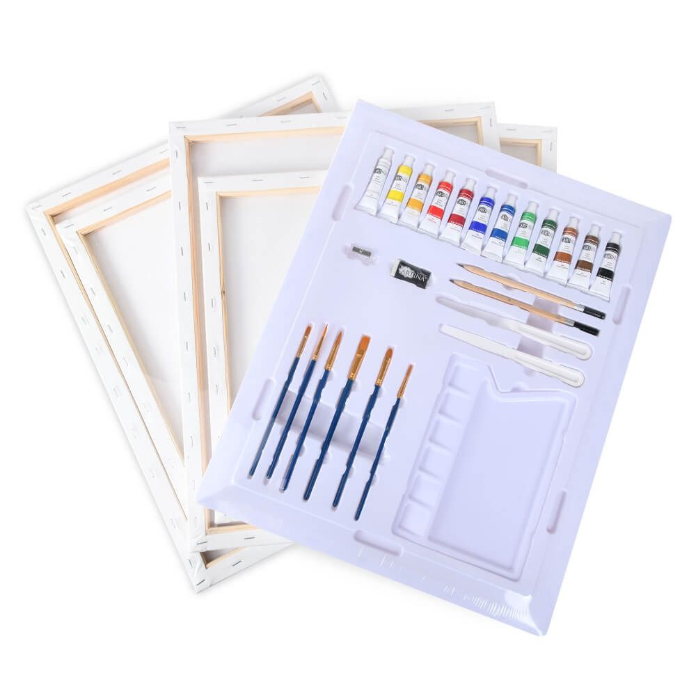 Artina Malpalette 30tlg Keilrahmen & Acrylfarben Set Santorini Malset Acryl, Keilrahmen 40x50cm & 30x40cm, 12x12ml Acrylfarbe, Pinselset