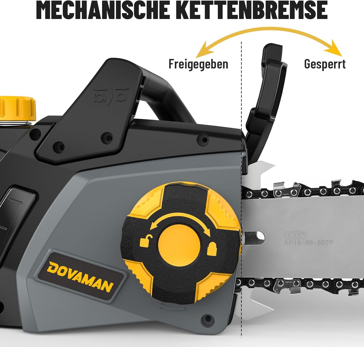 DOVAMAN Elektro-Kettensäge 2400W Werkzeugloses Ein-Schritt-Spannen, 40cm Schiene und 2 Ketten – Bild 4 von 5