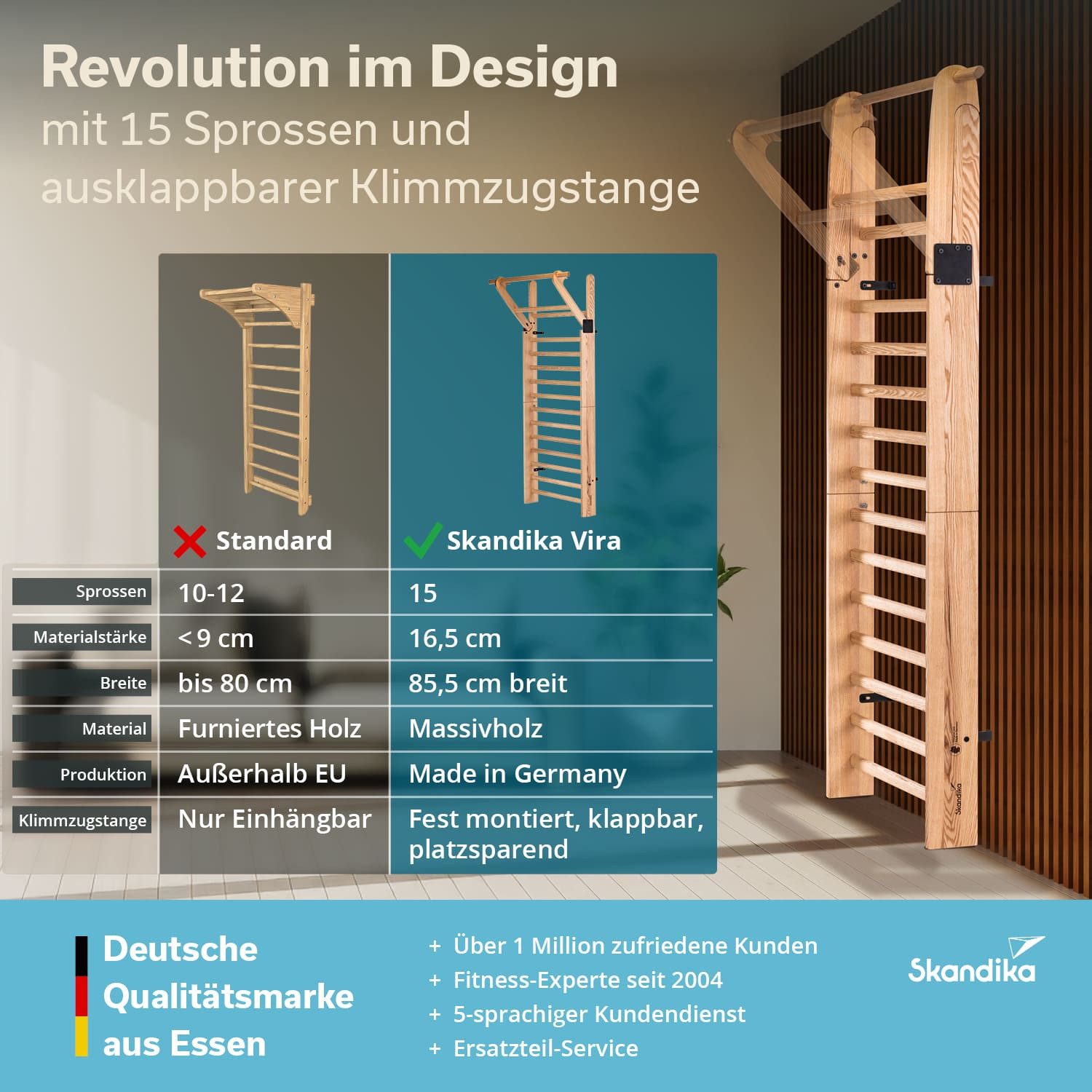 Skandika Sprossenwand ausklappbar mit Klimmzugstange Vira, Made in Germany, bis 130 kg, vormontiert / Selbstmontage, Esche massiv, Anzahl Sprossen 15