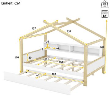 Ulife Kinderbett Hausbett, ausgestattet mit Ausziehbett,140*200 cm, Einzigartiges Loft-Design, vier Staufächern