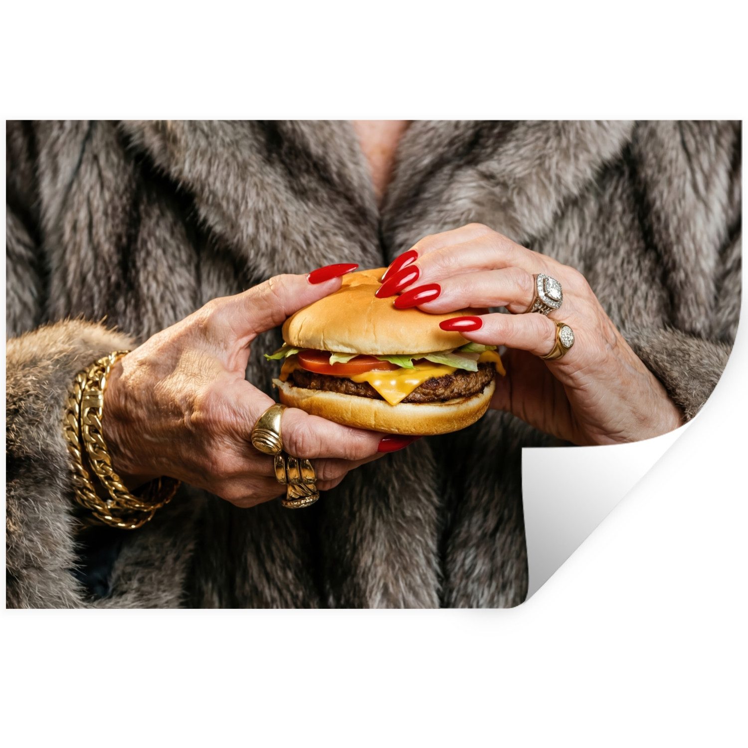 MuchoWow Wandsticker Frau - Hamburger - Pelzmantel (1 St), Wanddeko, Aufkleber, Wandtattoo, 120x80 cm