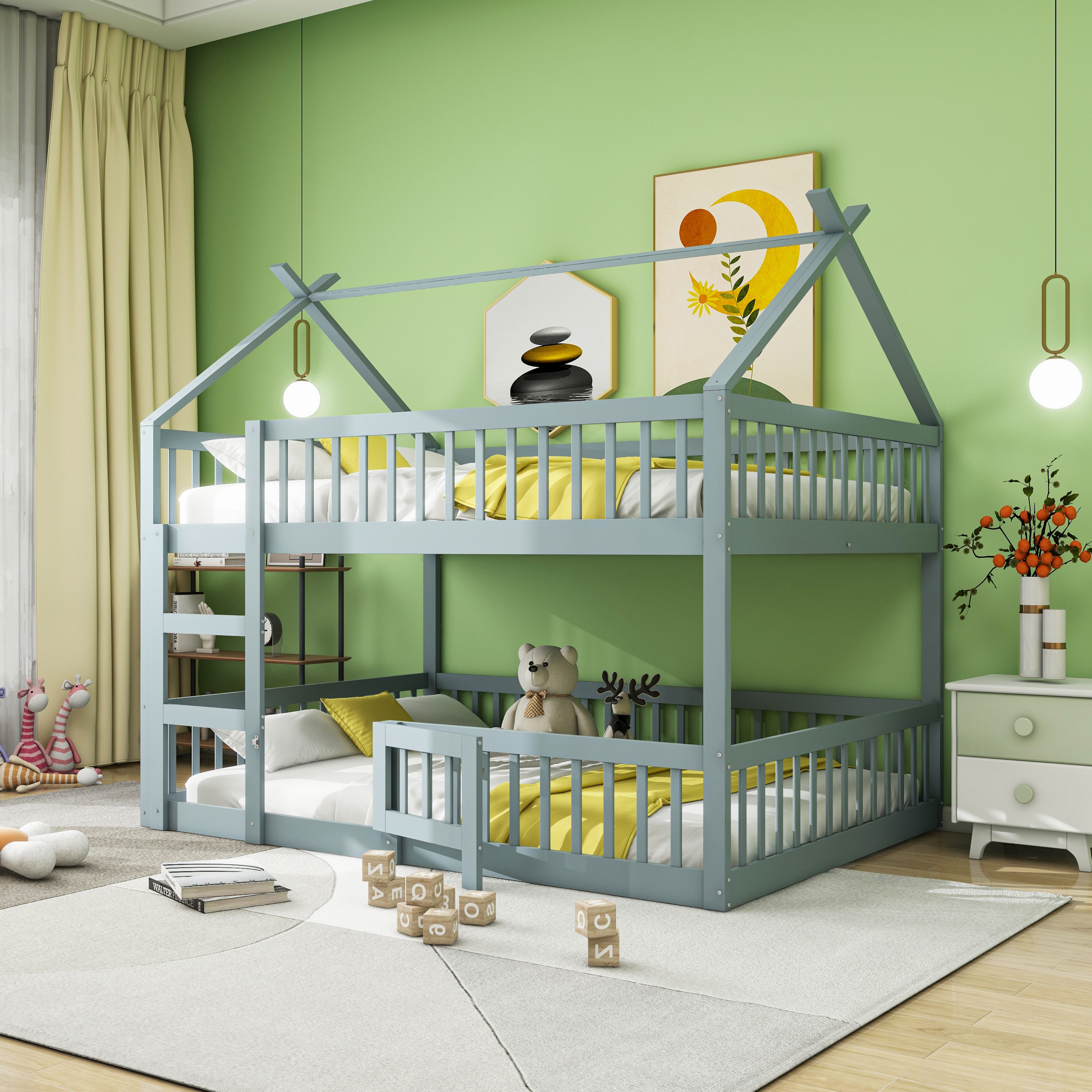 MODFU Etagenbett Kinderhochbett mit hoher Absturzsicherung (Spielbett mit Tür, Hochbett, 140x200 cm), ohne Matratze