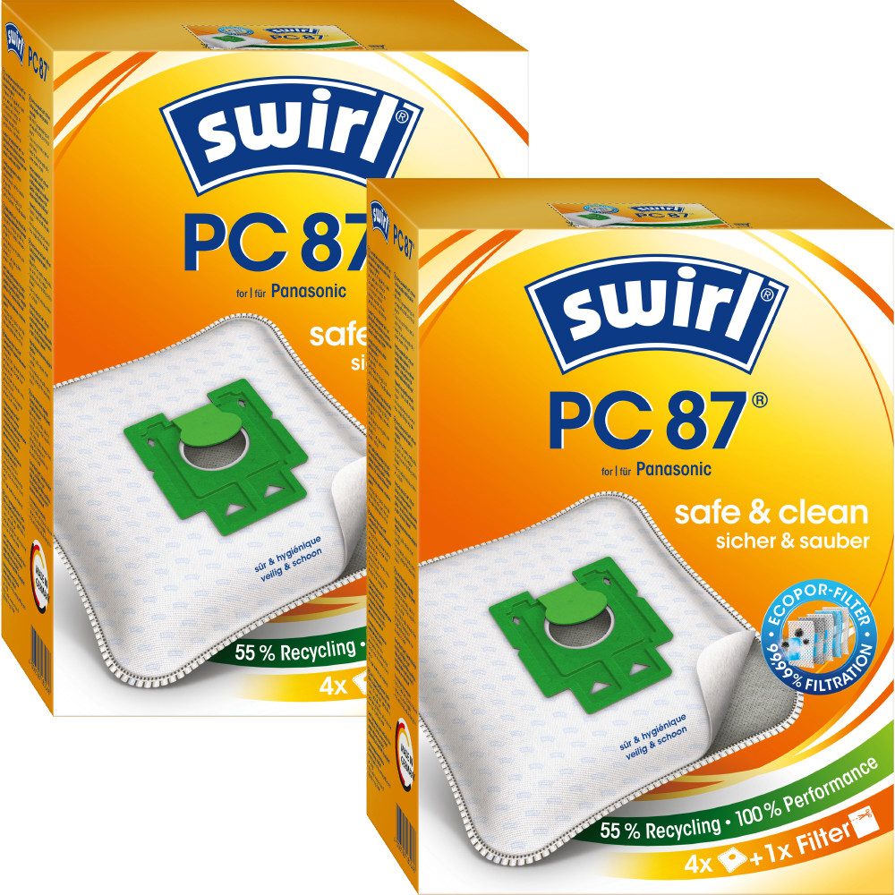 Swirl Staubsaugerbeutel Swirl PC87 PC 87, passend für Panasonic Staubsauger, inkl. 2 Filter - zuschneidbar, 8 St., Optimale Passform, MicroPor® Plus-Qualität für lange Nutzungsdauer