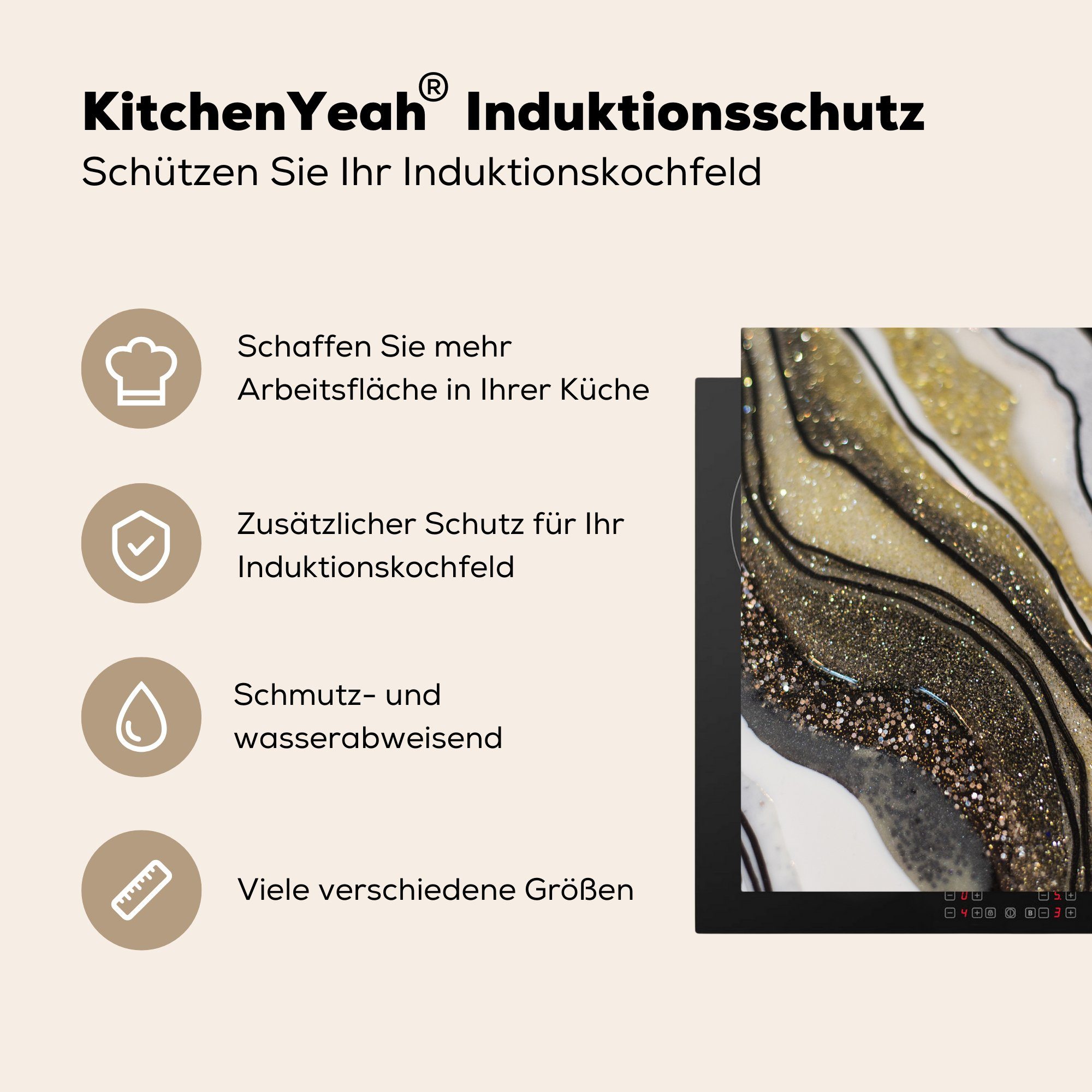 Herdblende-/Abdeckplatte Natur, Vinyl, Induktionsschutz, - Marmor Edelstein 57x51 cm, - Abstrakt Induktionskochfeld, MuchoWow Ceranfeldabdeckung (1 - tlg),